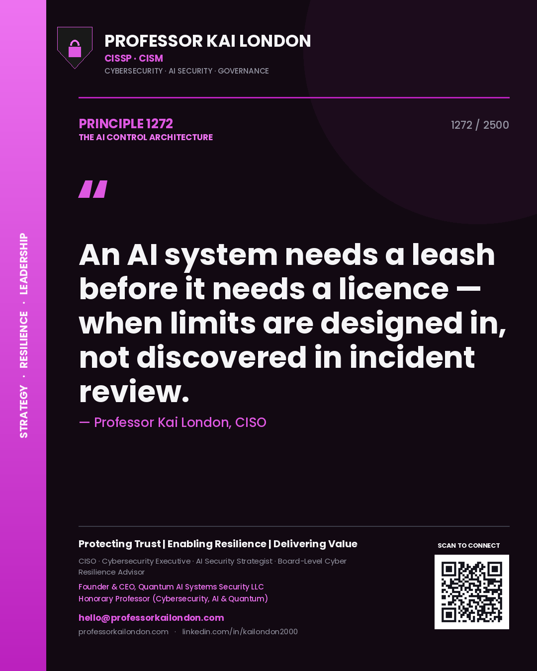 Professor Kai London principle 1272: An AI system needs a leash before it needs a licence — when limits are designed in, not discovered in incident review.