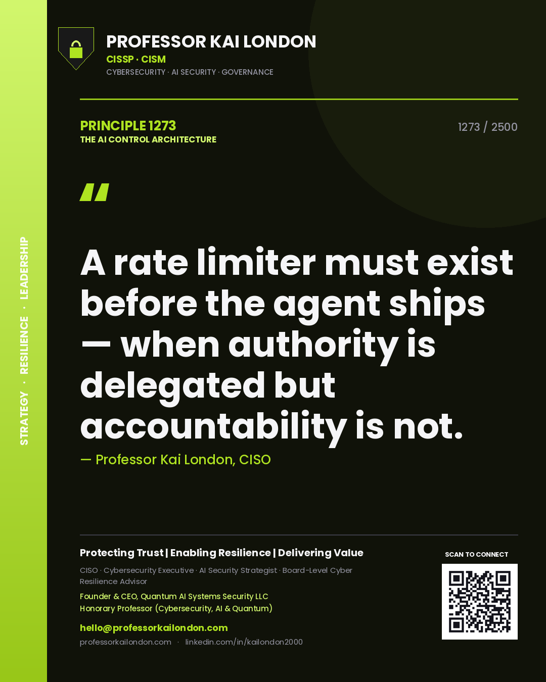 Quote card by Professor Kai London reading 'A rate limiter must exist before the agent ships — when authority is delegated but accountability is not.'. From the book The AI Control Architecture.
