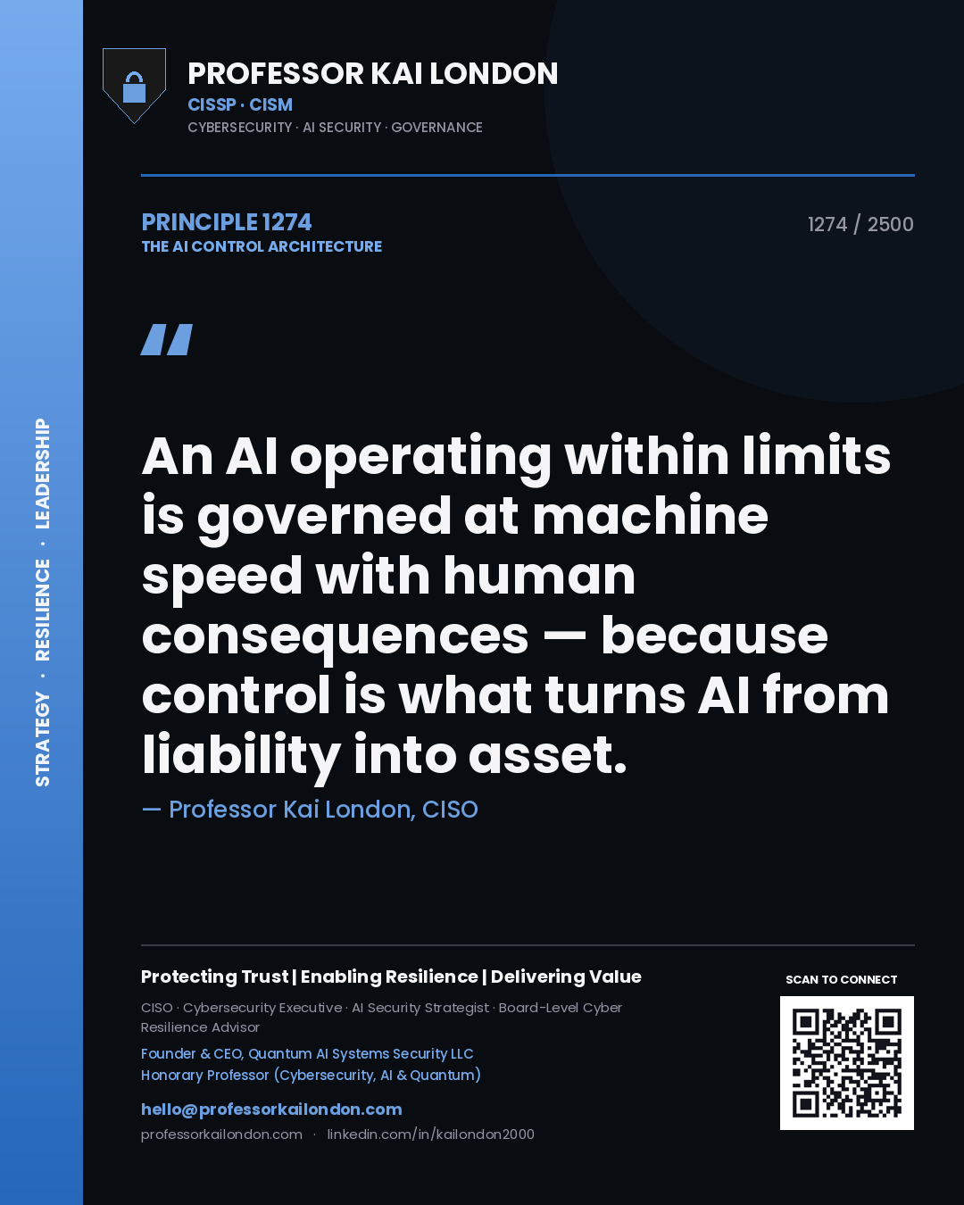 Quote card by Professor Kai London reading 'An AI operating within limits is governed at machine speed with human consequences — because control is what turns AI from liability into asset.'. From the book The AI Control Architecture.