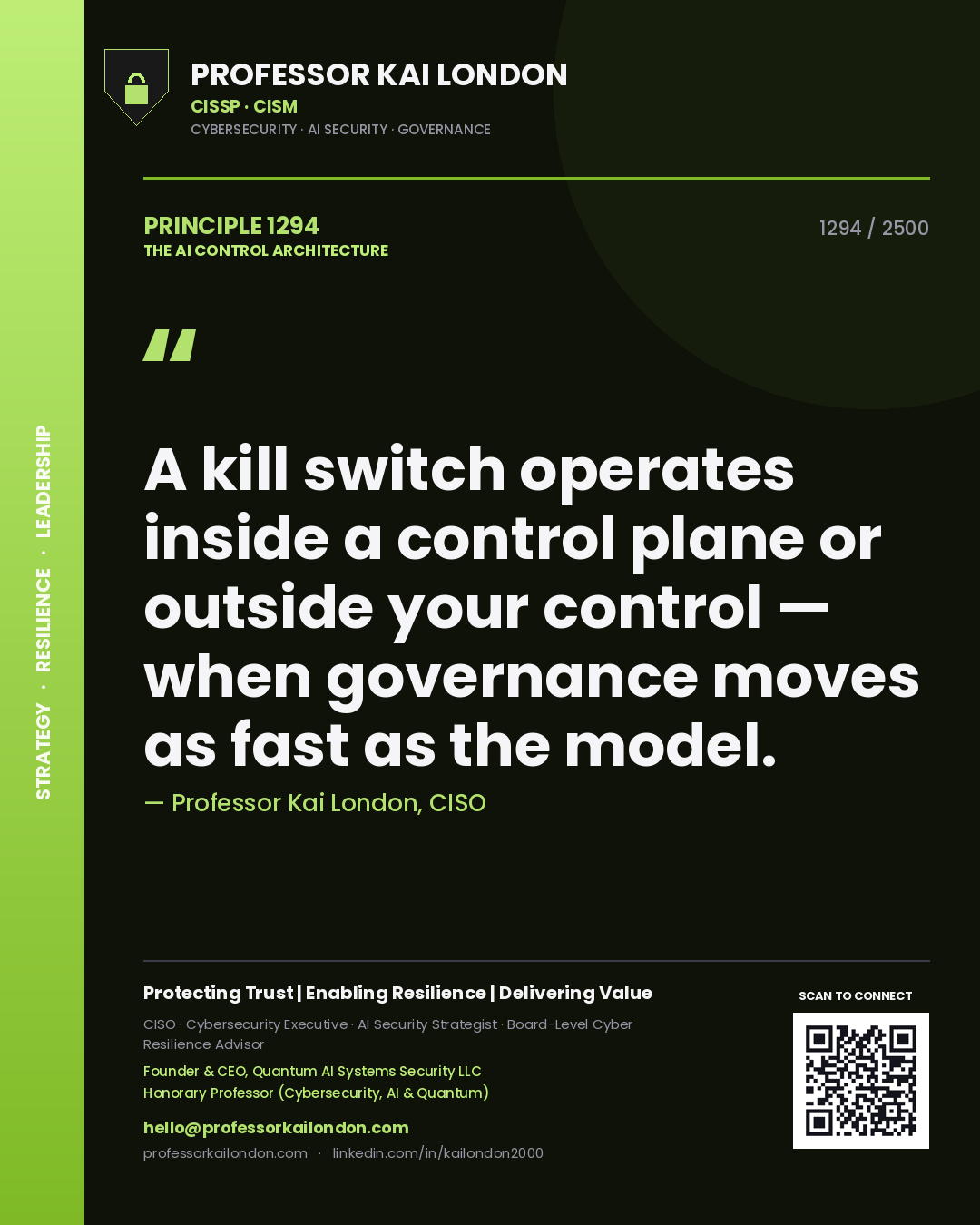 Quote card by Professor Kai London reading 'A kill switch operates inside a control plane or outside your control — when governance moves as fast as the model.'. From the book The AI Control Architecture.