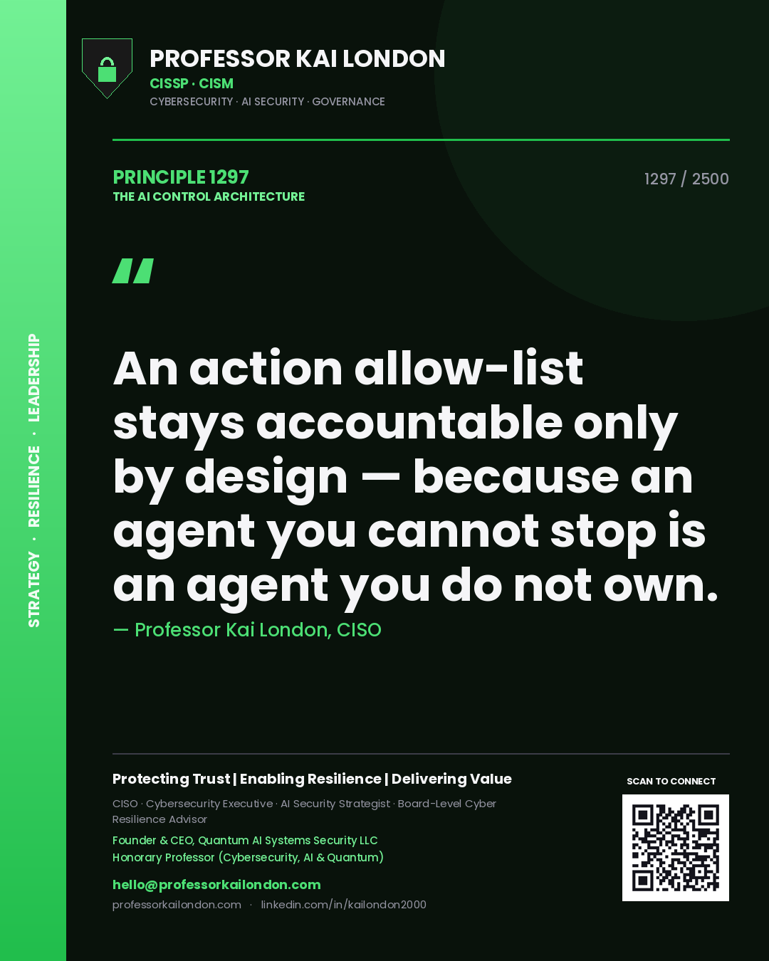 Quote card by Professor Kai London reading 'An action allow-list stays accountable only by design — because an agent you cannot stop is an agent you do not own.'. From the book The AI Control Architecture.