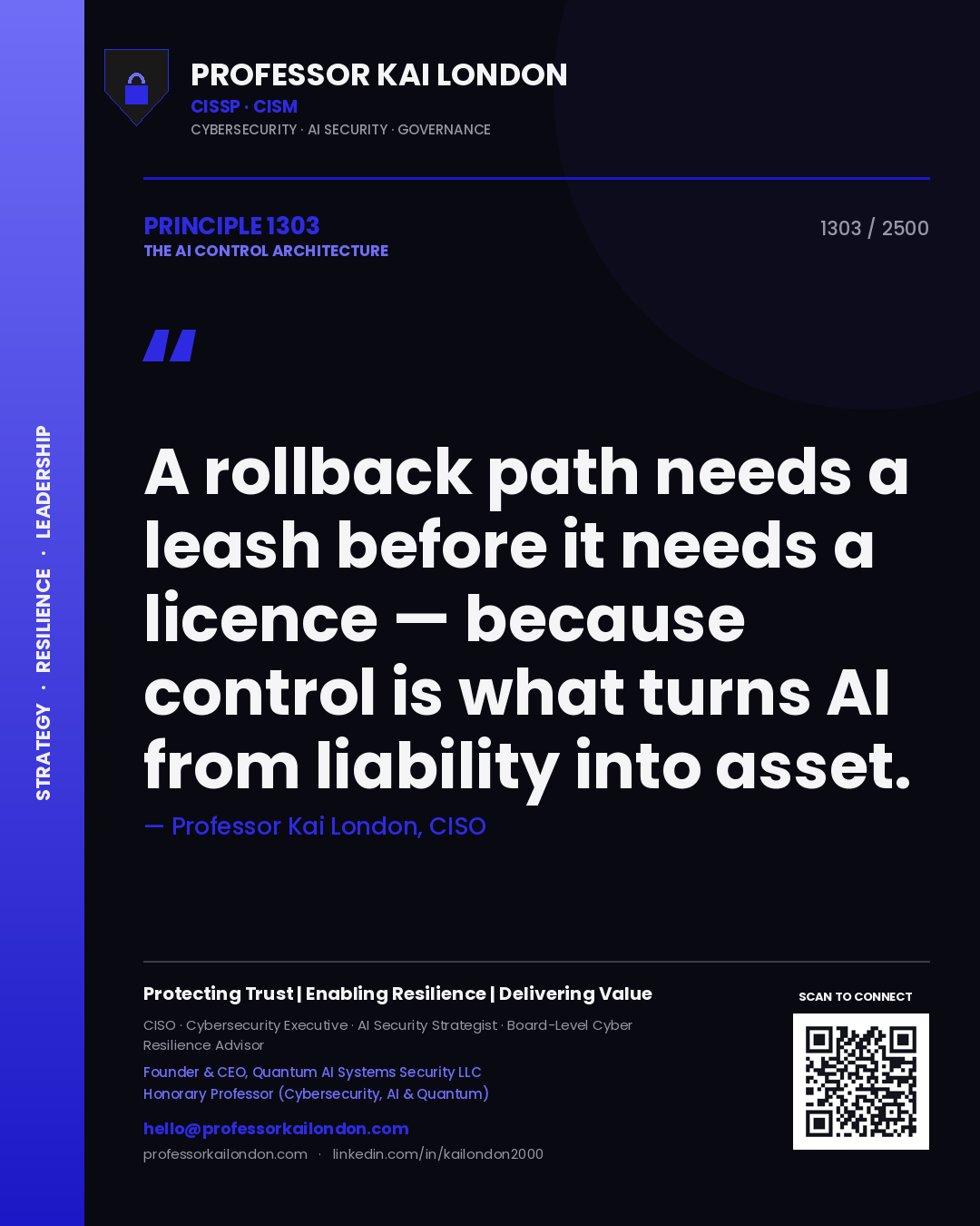 Professor Kai London principle 1303: A rollback path needs a leash before it needs a licence — because control is what turns AI from liability into asset.