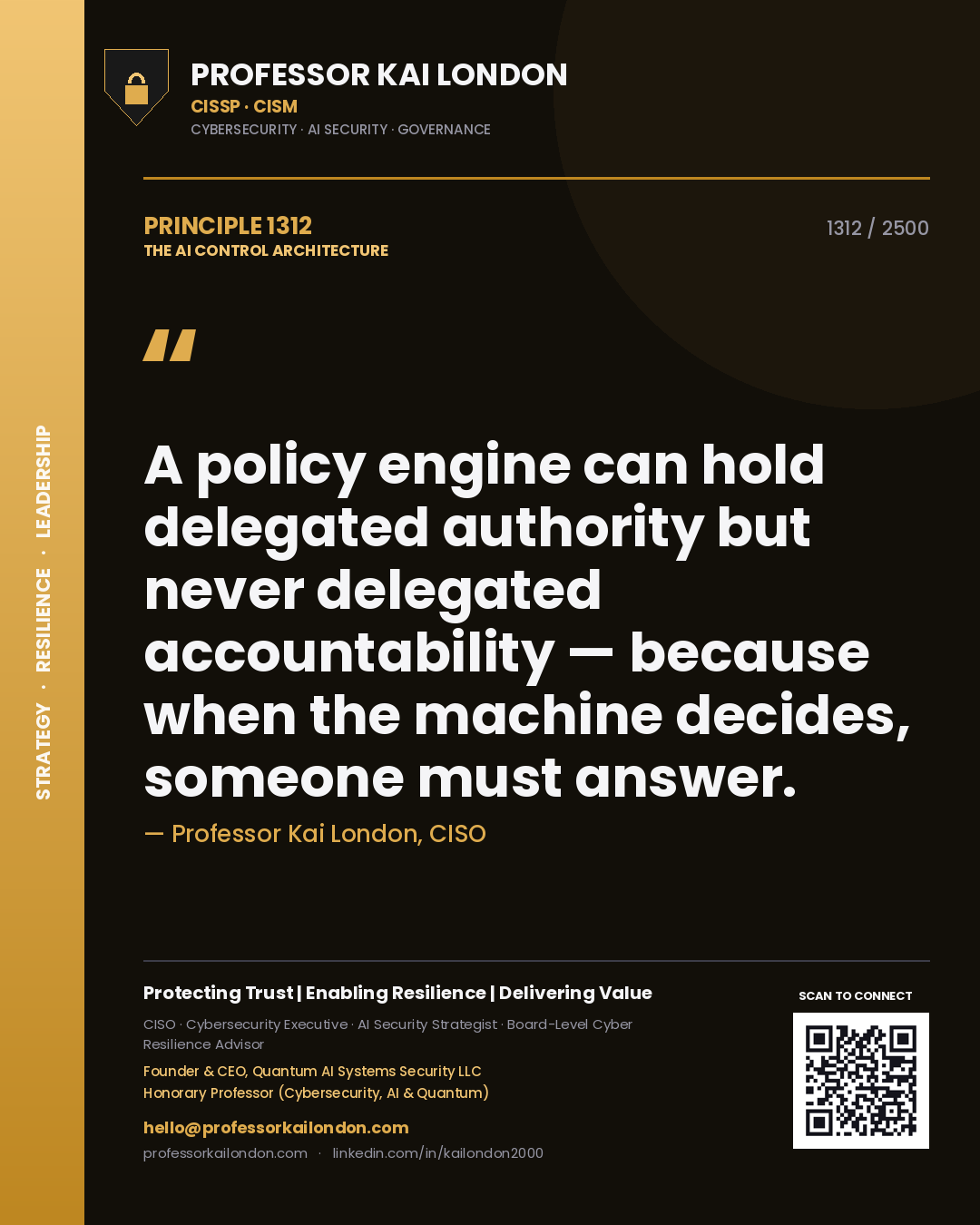 Quote card by Professor Kai London reading 'A policy engine can hold delegated authority but never delegated accountability — because when the machine decides, someone must answer.'. From the book The AI Control Architecture.