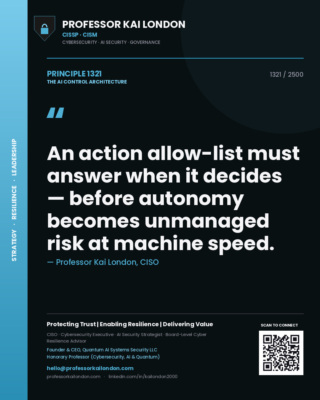 Quote card by Professor Kai London reading 'An action allow-list must answer when it decides — before autonomy becomes unmanaged risk at machine speed.'. From the book The AI Control Architecture.