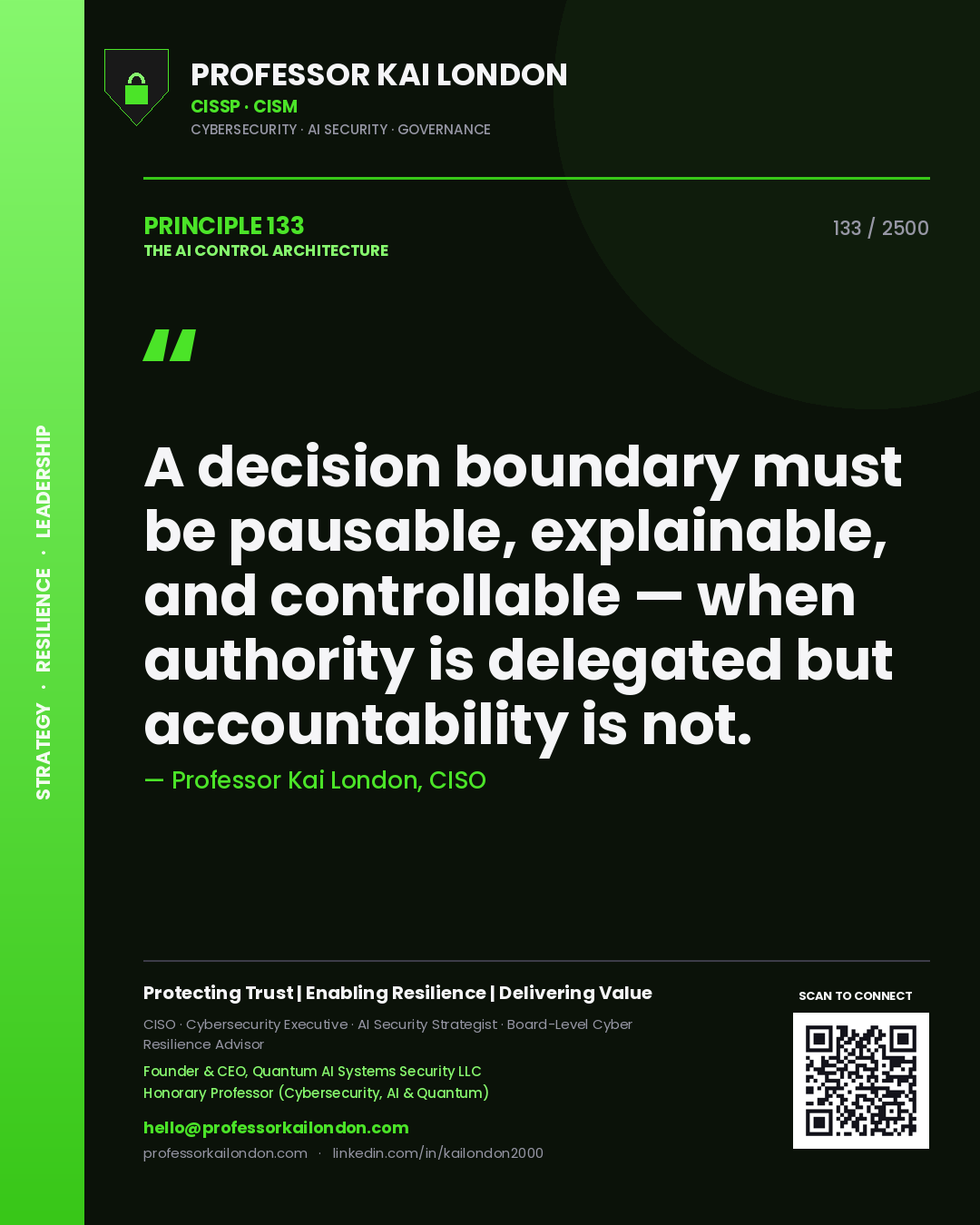 Quote card by Professor Kai London reading 'A decision boundary must be pausable, explainable, and controllable — when authority is delegated but accountability is not.'. From the book The AI Control Architecture.
