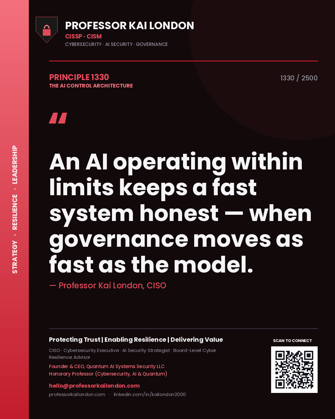 Quote card by Professor Kai London reading 'An AI operating within limits keeps a fast system honest — when governance moves as fast as the model.'. From the book The AI Control Architecture.