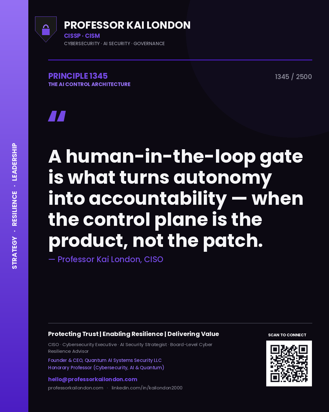 Quote card by Professor Kai London reading 'A human-in-the-loop gate is what turns autonomy into accountability — when the control plane is the product, not the patch.'. From the book The AI Control Architecture.