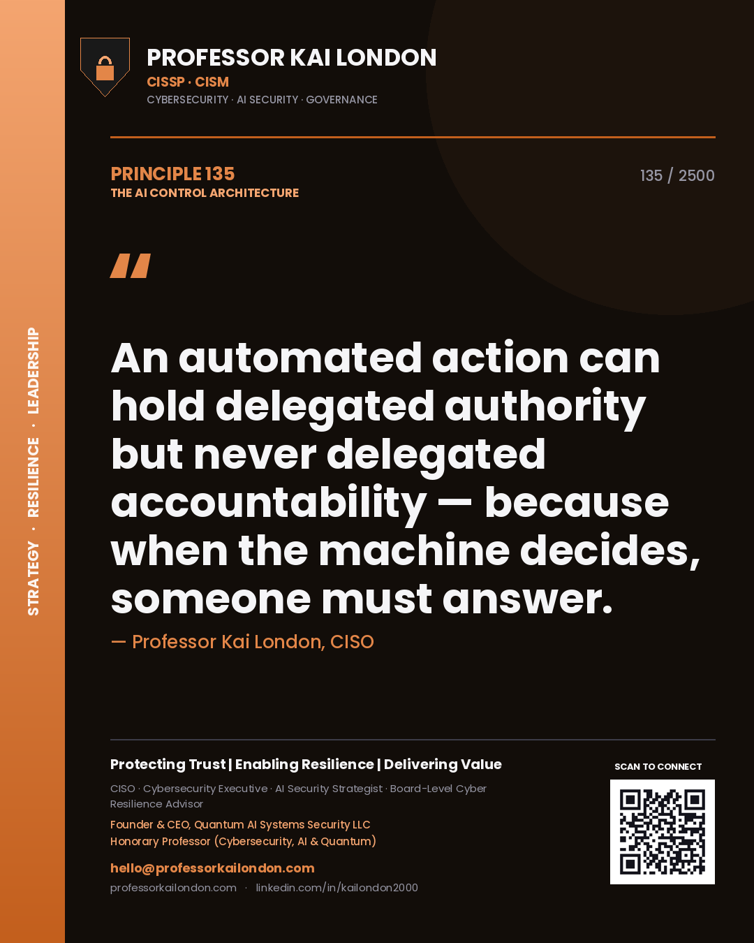 Quote card by Professor Kai London reading 'An automated action can hold delegated authority but never delegated accountability — because when the machine decides, someone must answer.'. From the book The AI Control Architecture.