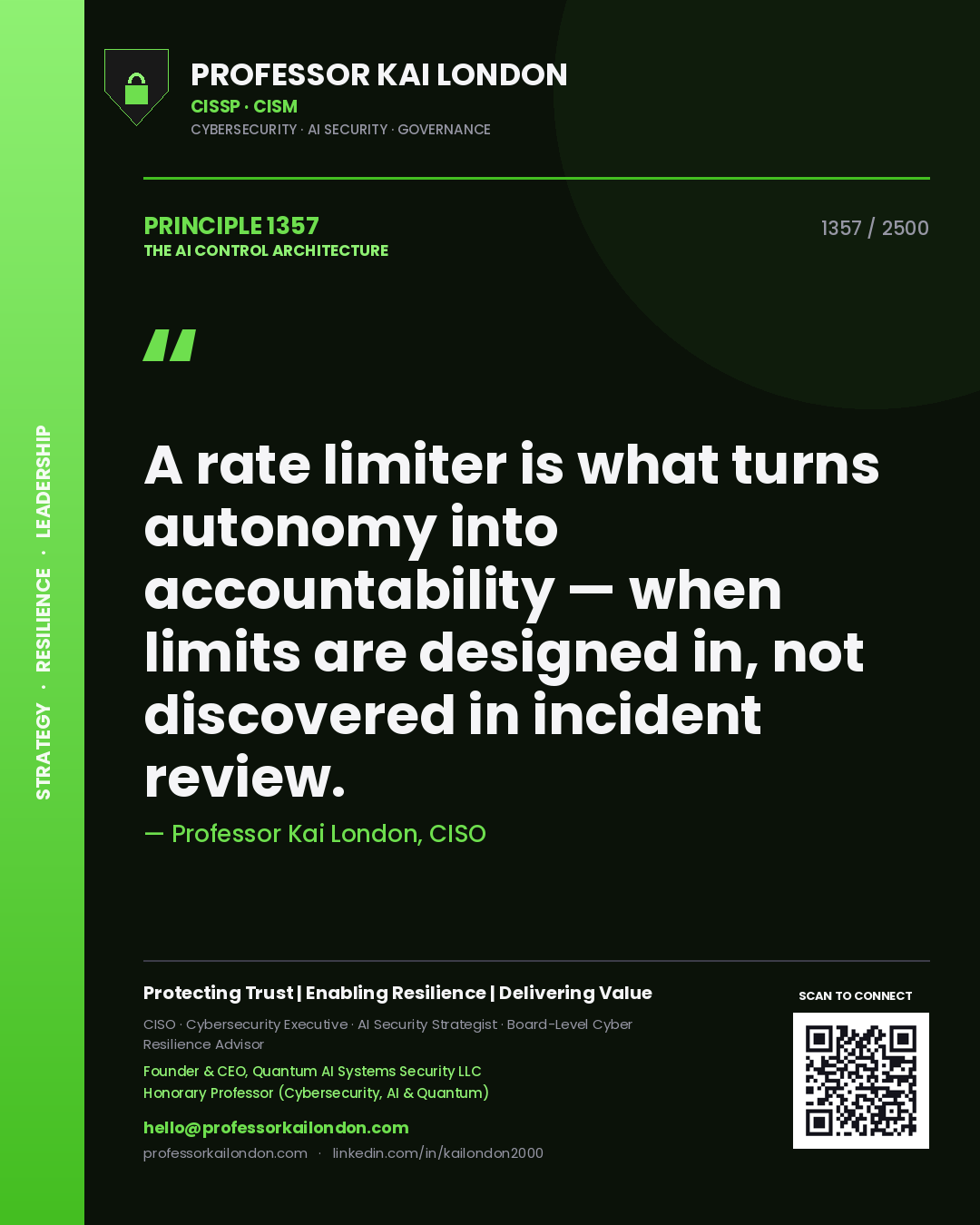 Professor Kai London principle 1357: A rate limiter is what turns autonomy into accountability — when limits are designed in, not discovered in incident review.