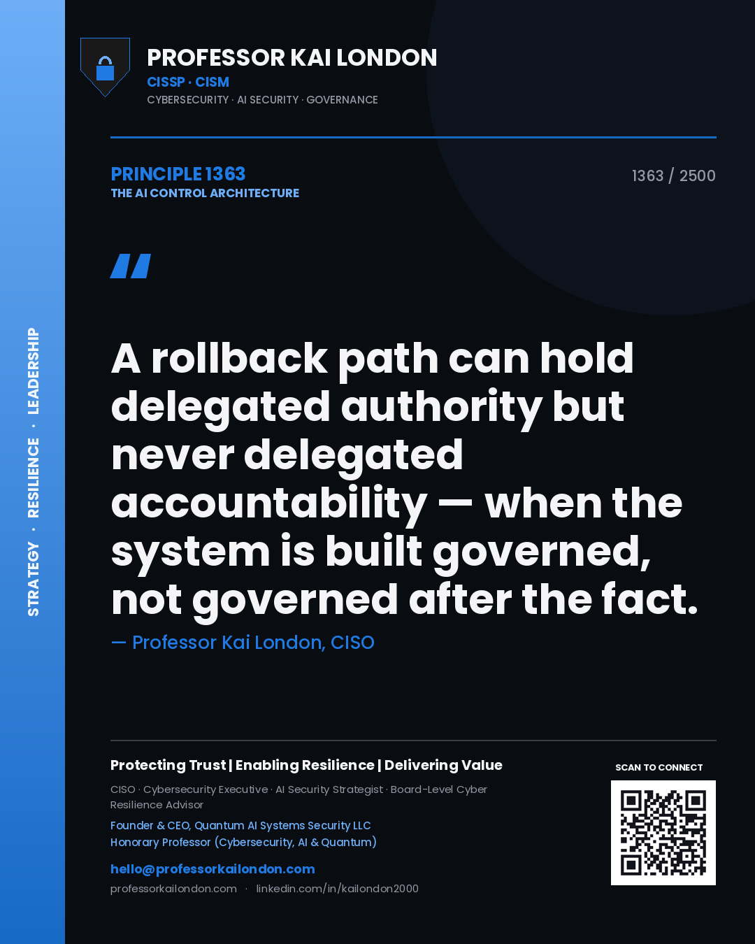 Professor Kai London principle 1363: A rollback path can hold delegated authority but never delegated accountability — when the system is built governed, not governed after the fact.