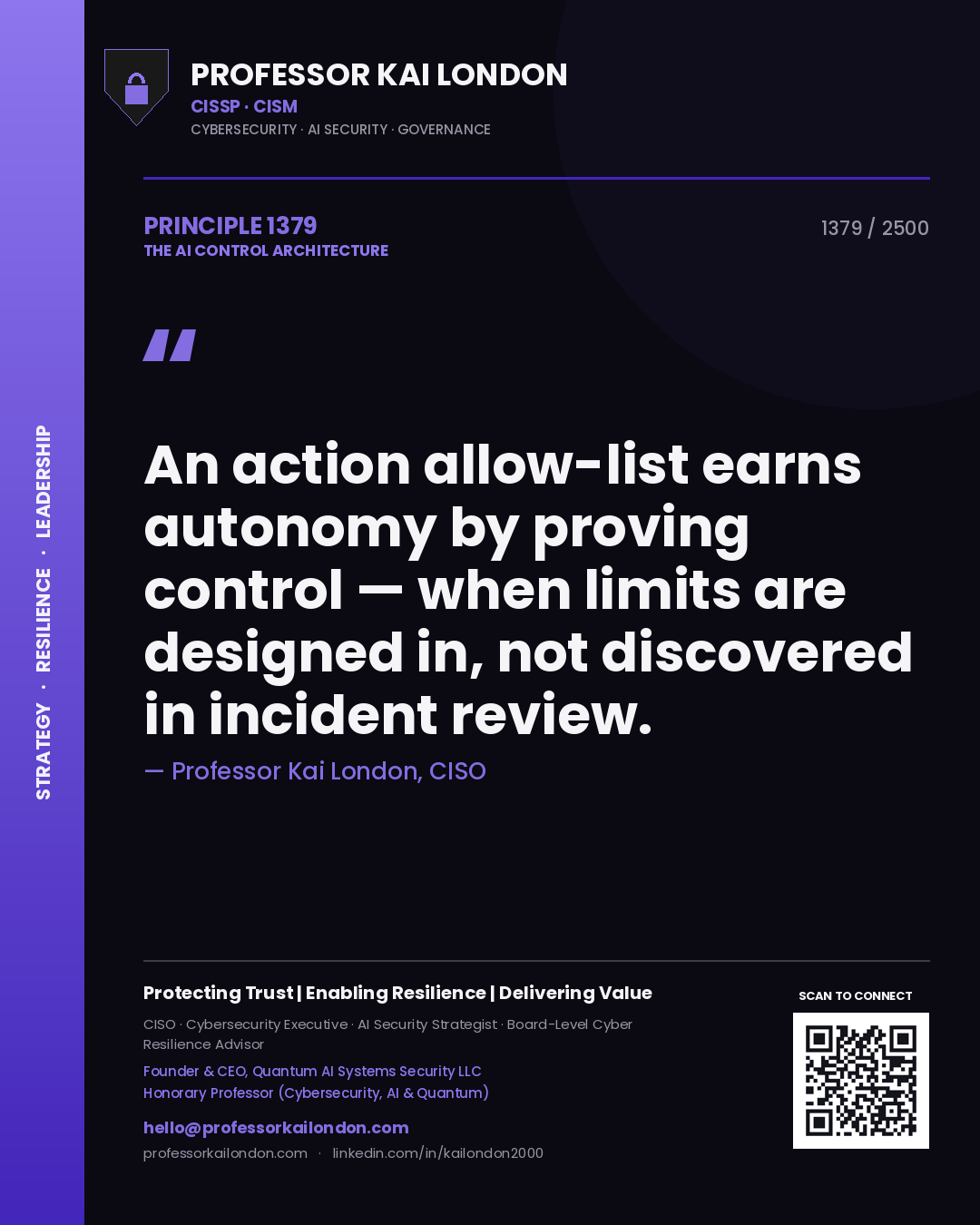 Quote card by Professor Kai London reading 'An action allow-list earns autonomy by proving control — when limits are designed in, not discovered in incident review.'. From the book The AI Control Architecture.