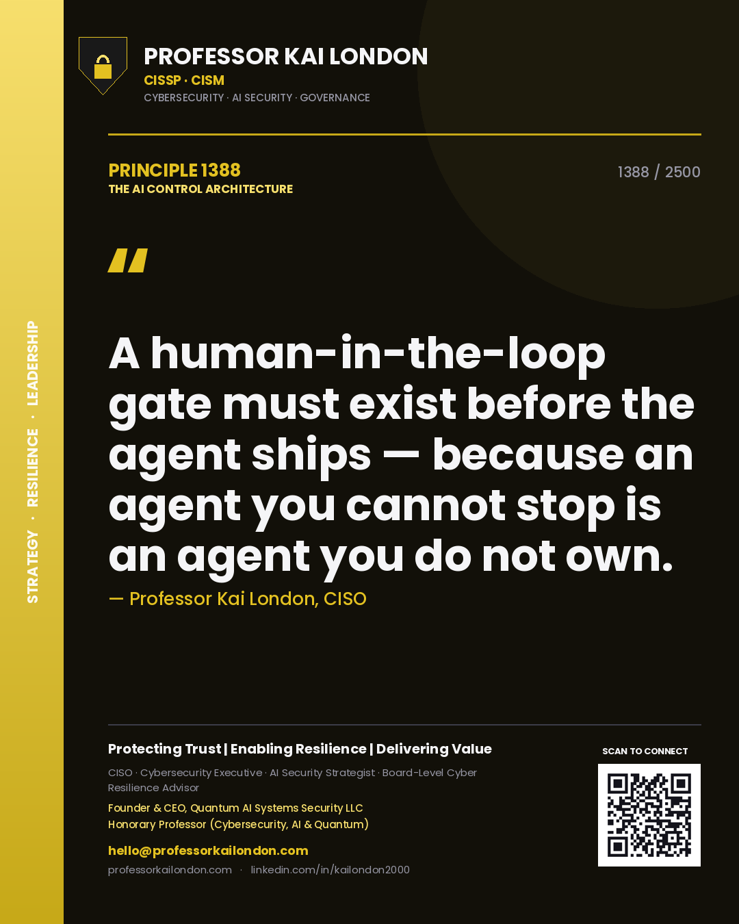 Quote card by Professor Kai London reading 'A human-in-the-loop gate must exist before the agent ships — because an agent you cannot stop is an agent you do not own.'. From the book The AI Control Architecture.