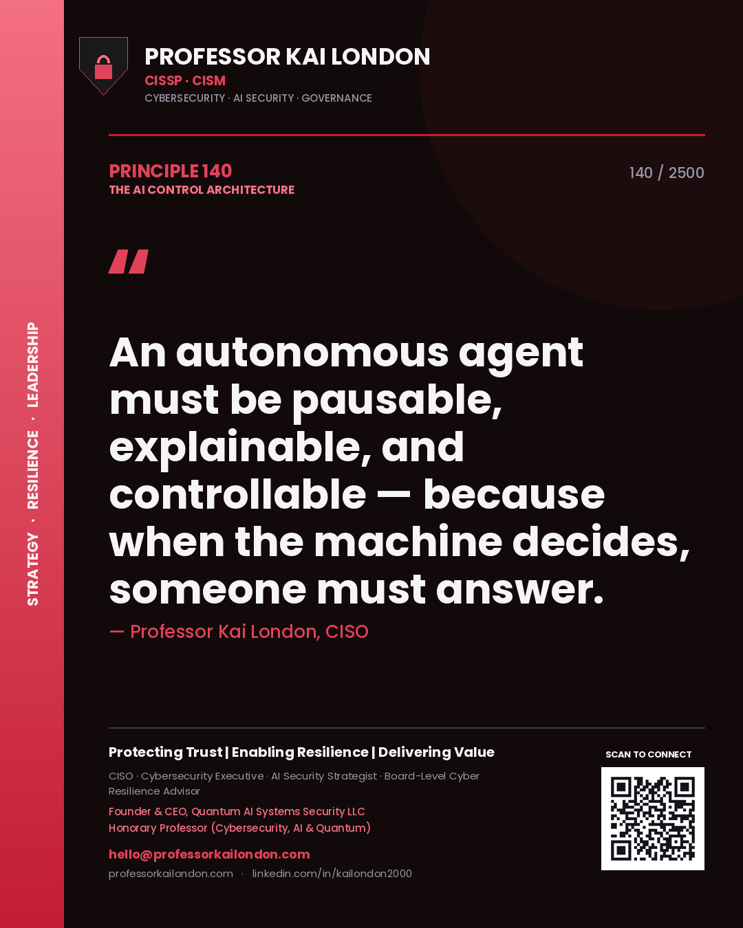 Quote card by Professor Kai London reading 'An autonomous agent must be pausable, explainable, and controllable — because when the machine decides, someone must answer.'. From the book The AI Control Architecture.