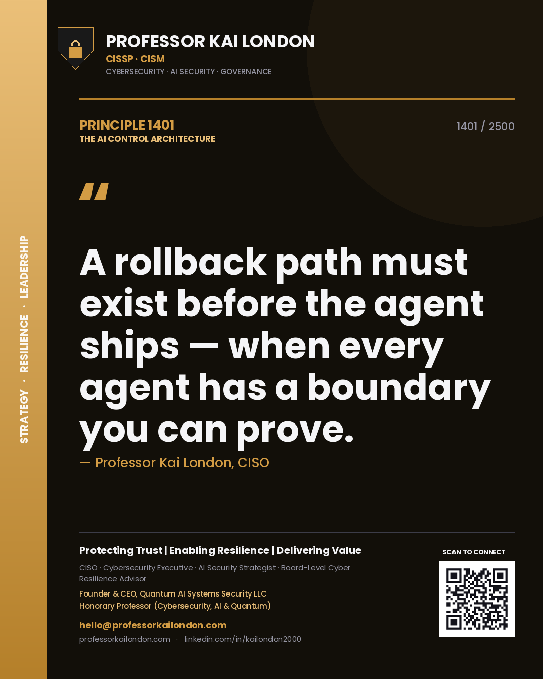 Quote card by Professor Kai London reading 'A rollback path must exist before the agent ships — when every agent has a boundary you can prove.'. From the book The AI Control Architecture.