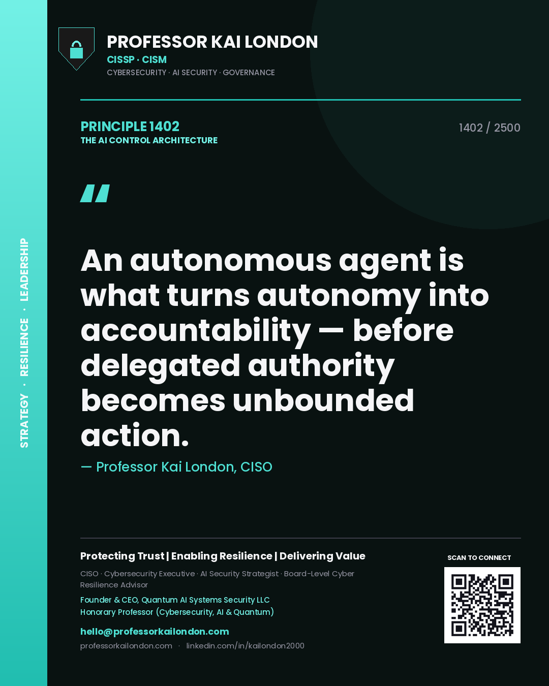 Quote card by Professor Kai London reading 'An autonomous agent is what turns autonomy into accountability — before delegated authority becomes unbounded action.'. From the book The AI Control Architecture.