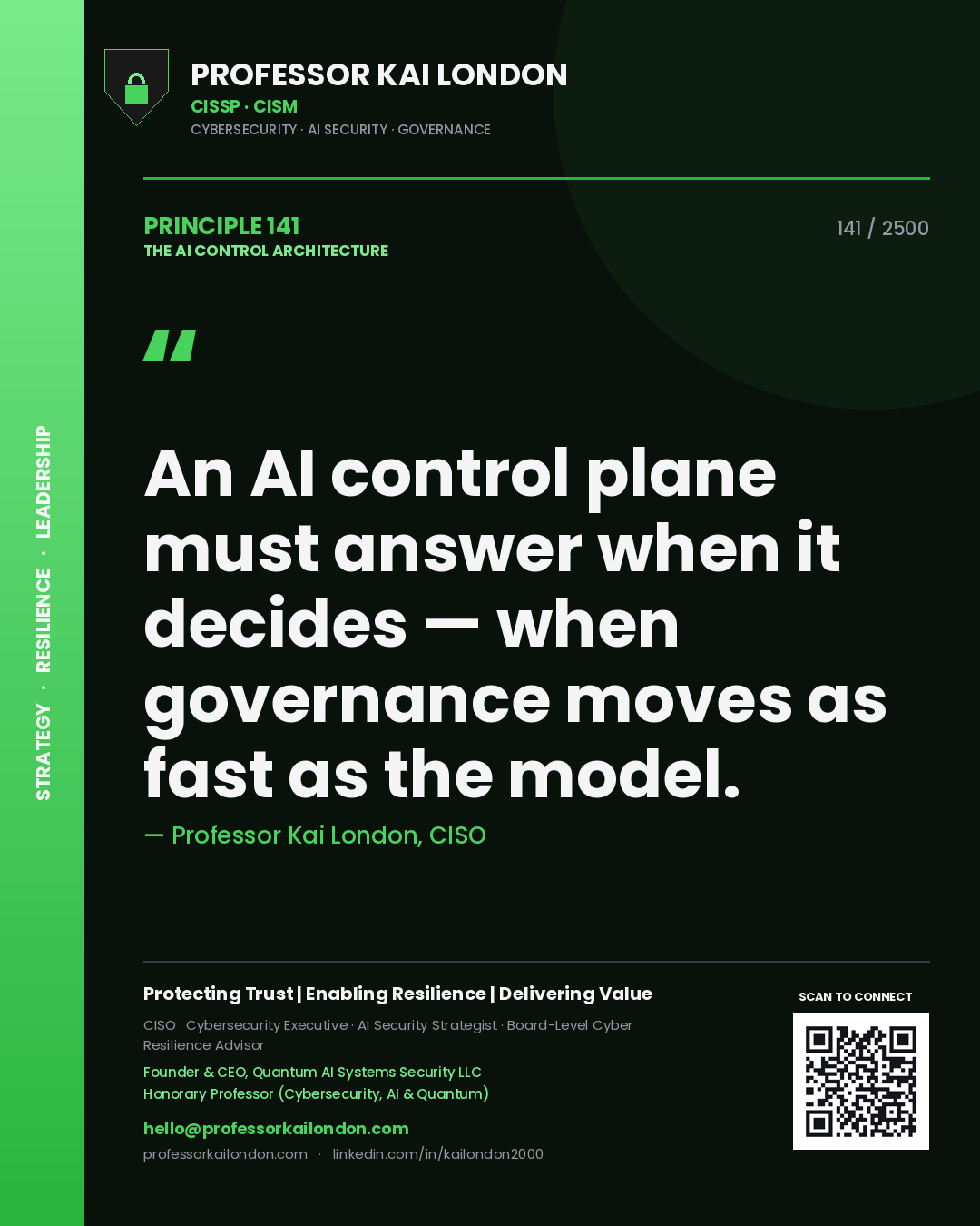 Quote card by Professor Kai London reading 'An AI control plane must answer when it decides — when governance moves as fast as the model.'. From the book The AI Control Architecture.