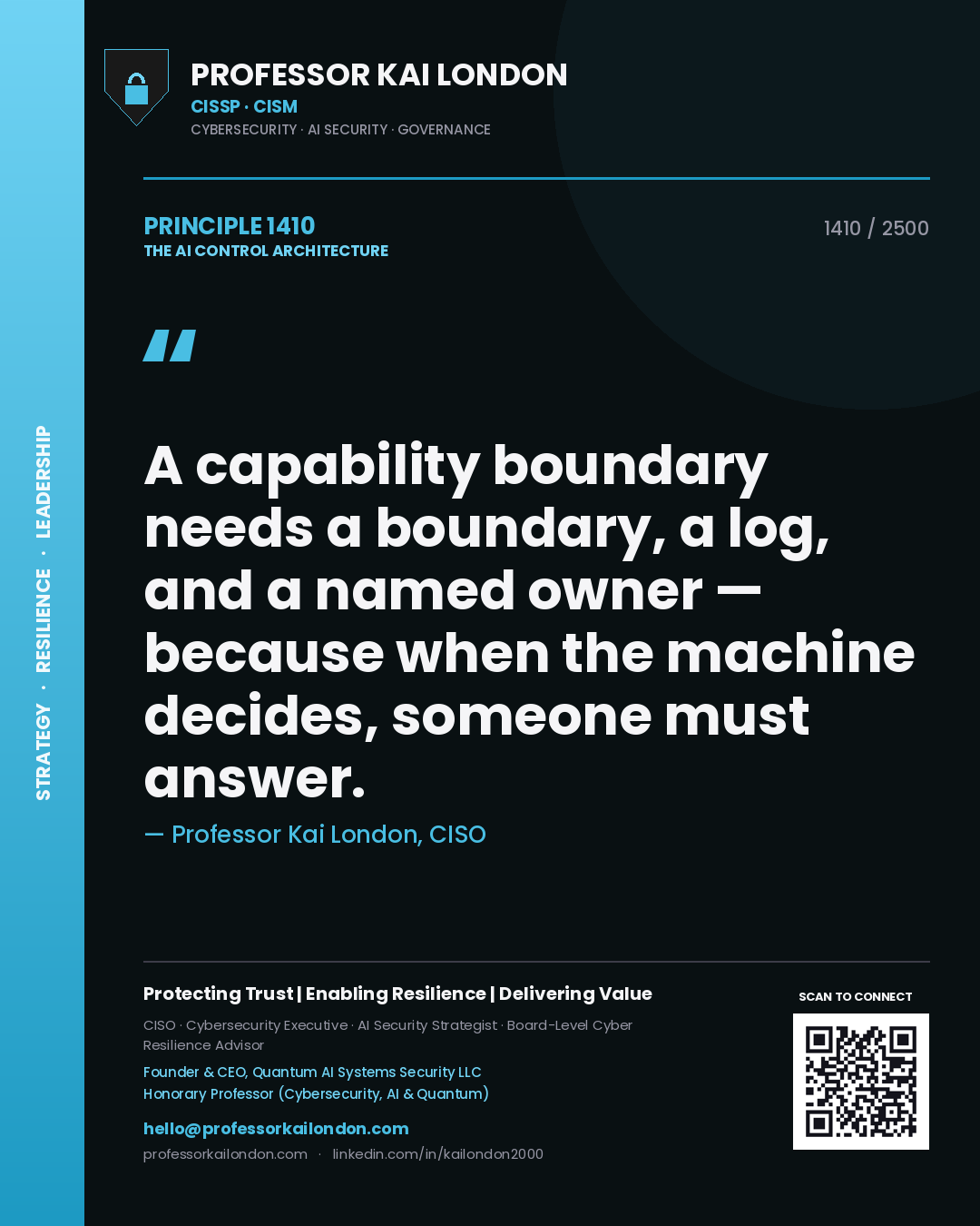 Professor Kai London principle 1410: A capability boundary needs a boundary, a log, and a named owner — because when the machine decides, someone must answer.