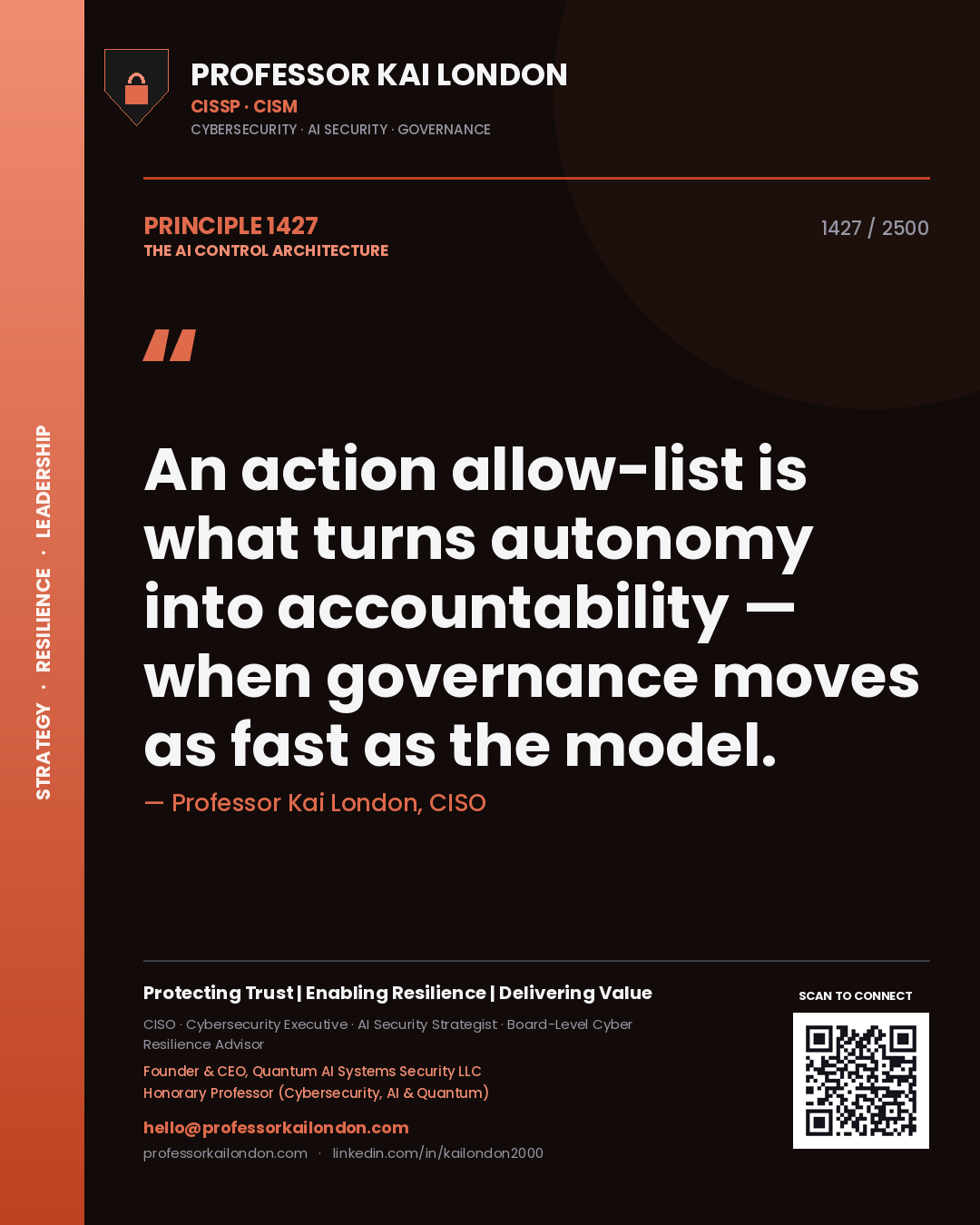 Quote card by Professor Kai London reading 'An action allow-list is what turns autonomy into accountability — when governance moves as fast as the model.'. From the book The AI Control Architecture.