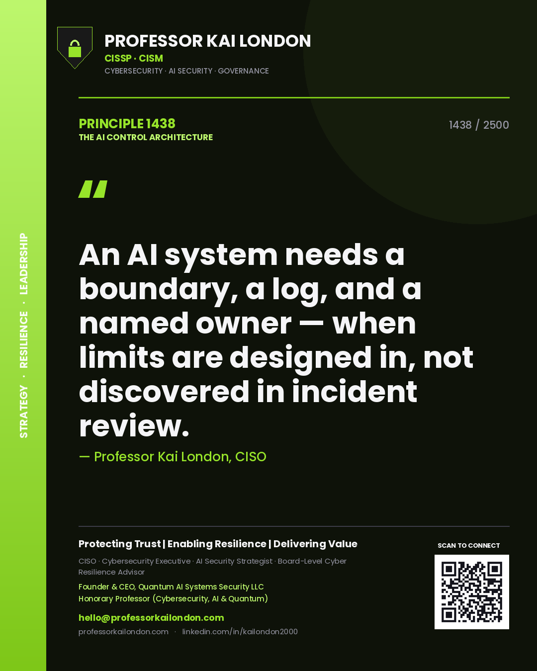 Professor Kai London principle 1438: An AI system needs a boundary, a log, and a named owner — when limits are designed in, not discovered in incident review.
