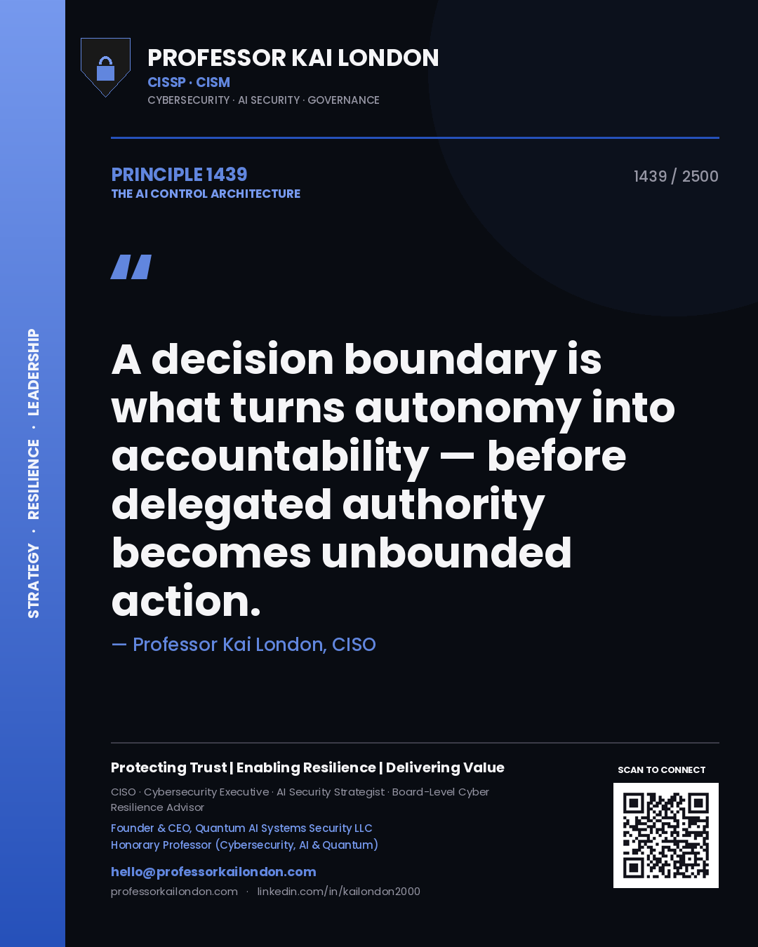 Quote card by Professor Kai London reading 'A decision boundary is what turns autonomy into accountability — before delegated authority becomes unbounded action.'. From the book The AI Control Architecture.