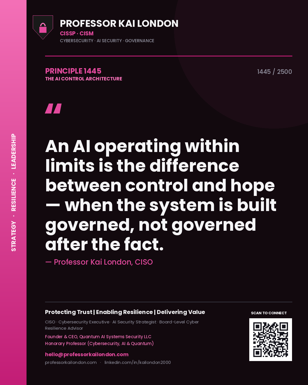 Quote card by Professor Kai London reading 'An AI operating within limits is the difference between control and hope — when the system is built governed, not governed after the fact.'. From the book The AI Control Architecture.