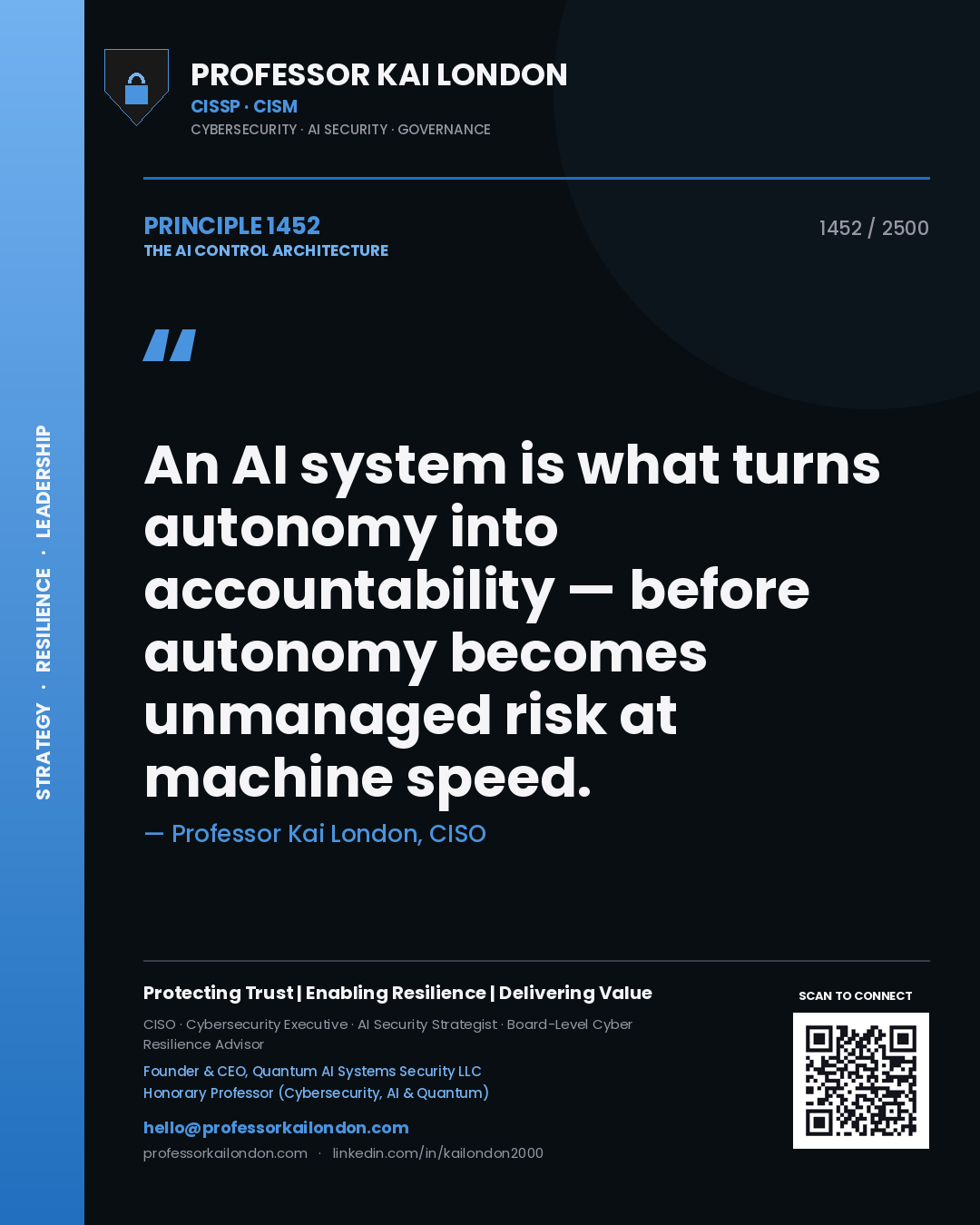 Quote card by Professor Kai London reading 'An AI system is what turns autonomy into accountability — before autonomy becomes unmanaged risk at machine speed.'. From the book The AI Control Architecture.