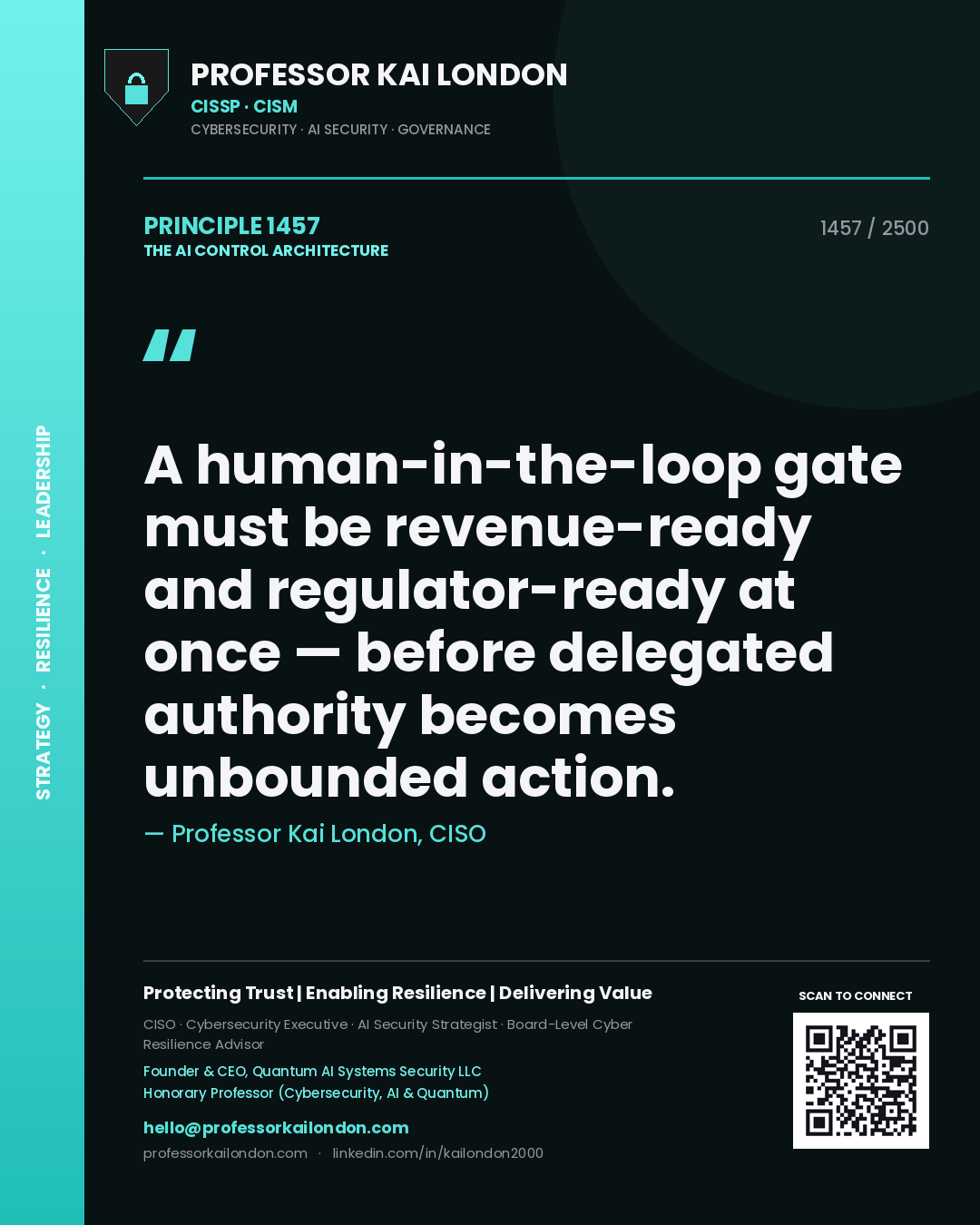 Professor Kai London principle 1457: A human-in-the-loop gate must be revenue-ready and regulator-ready at once — before delegated authority becomes unbounded action.