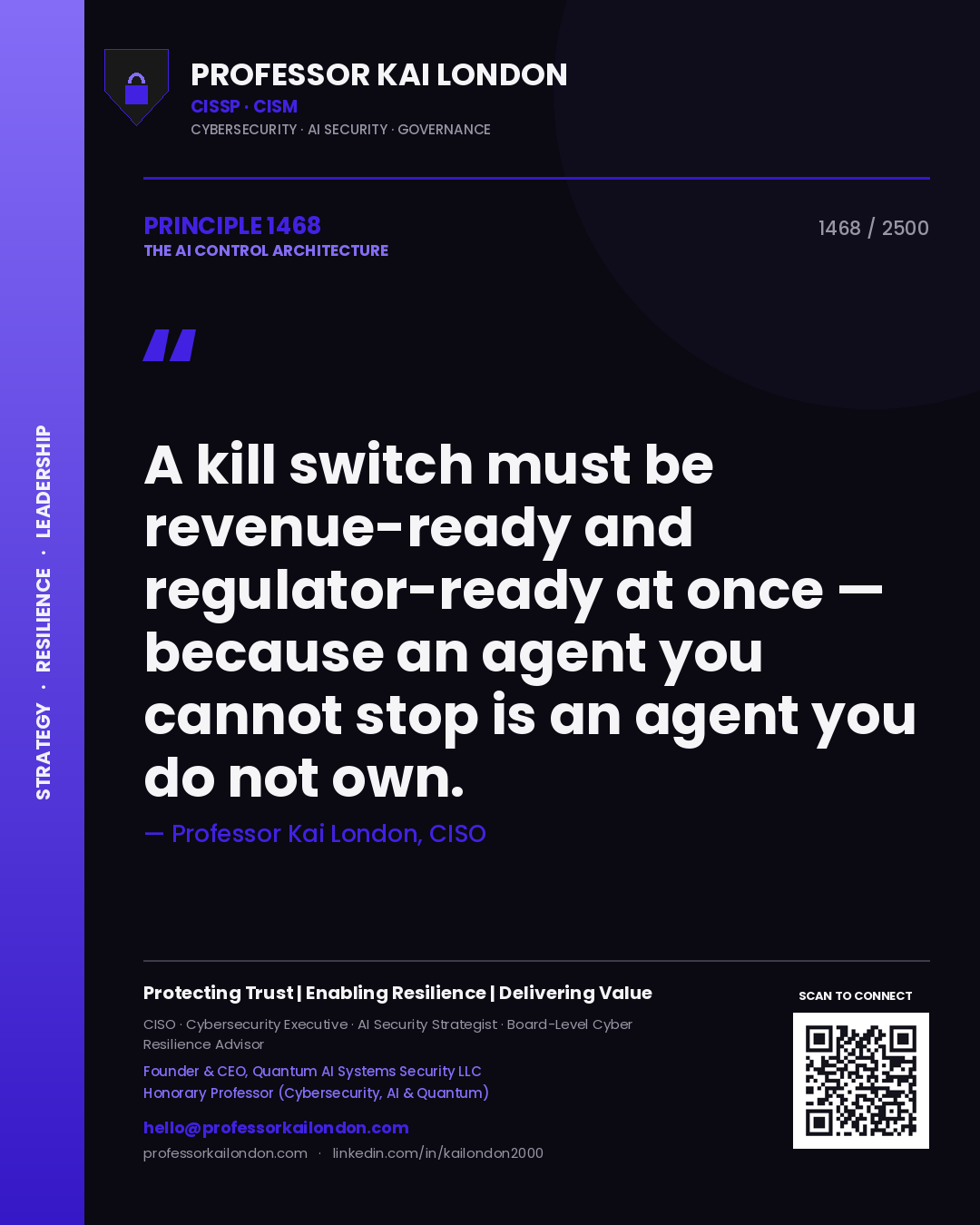 Quote card by Professor Kai London reading 'A kill switch must be revenue-ready and regulator-ready at once — because an agent you cannot stop is an agent you do not own.'. From the book The AI Control Architecture.