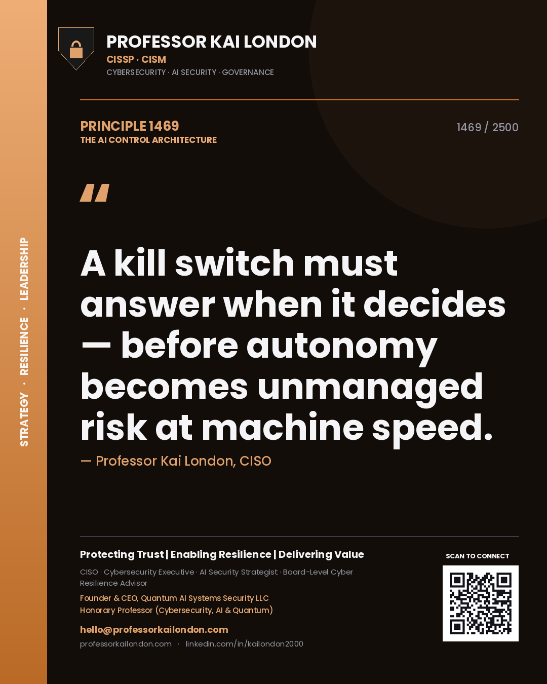 Quote card by Professor Kai London reading 'A kill switch must answer when it decides — before autonomy becomes unmanaged risk at machine speed.'. From the book The AI Control Architecture.