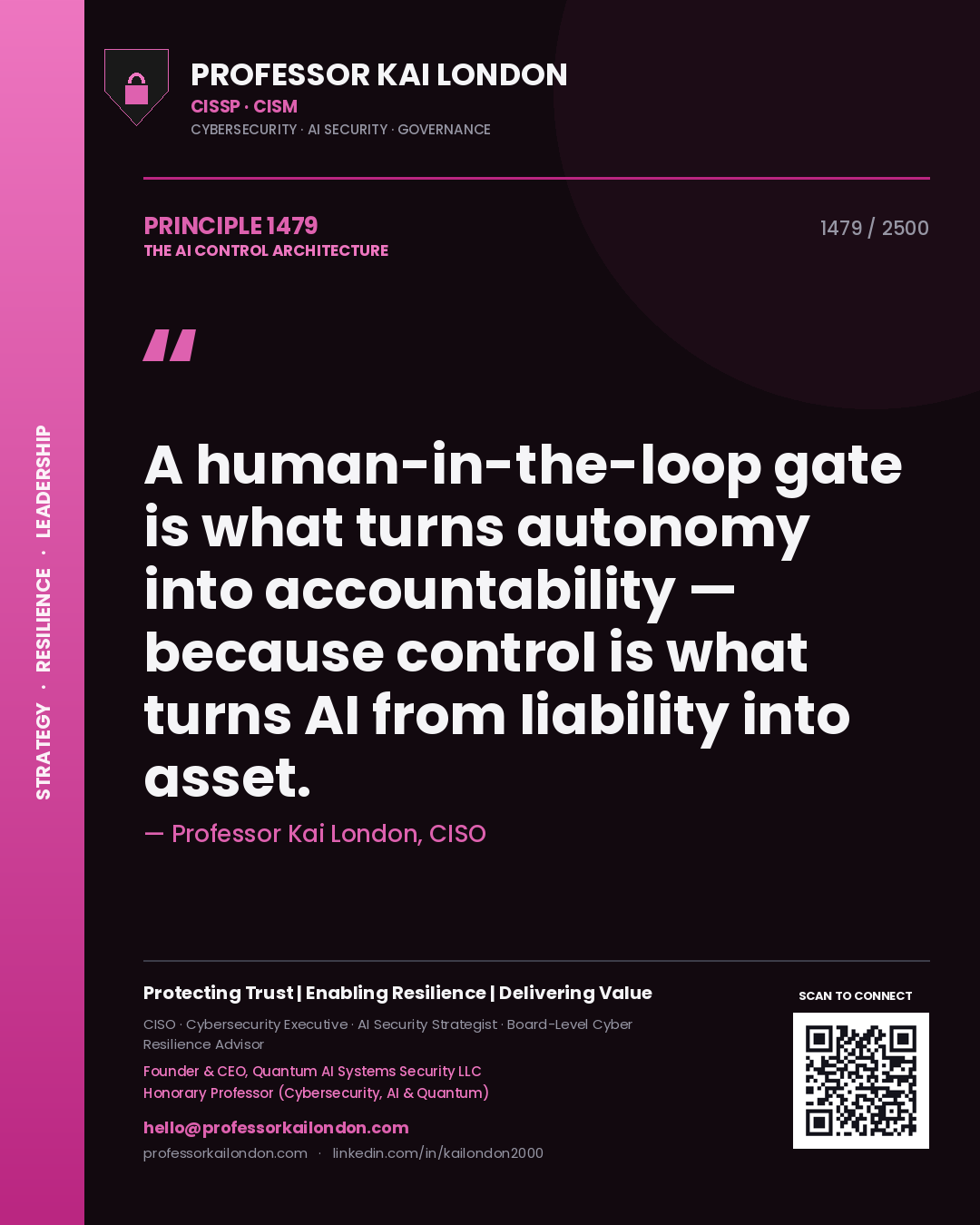Professor Kai London principle 1479: A human-in-the-loop gate is what turns autonomy into accountability — because control is what turns AI from liability into asset.