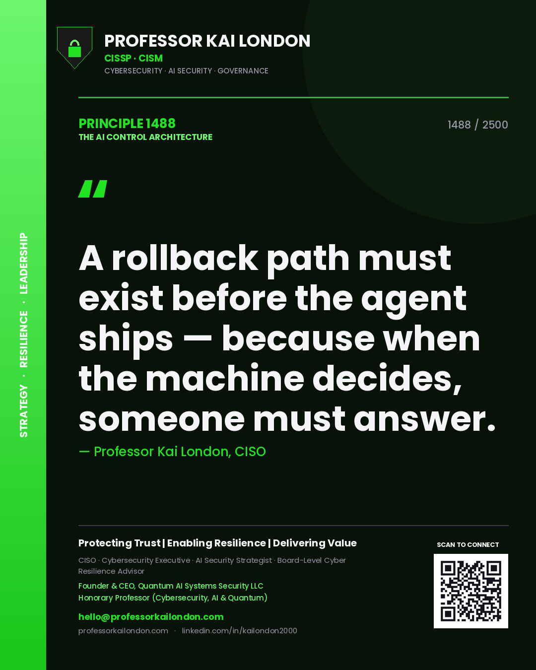 Professor Kai London principle 1488: A rollback path must exist before the agent ships — because when the machine decides, someone must answer.