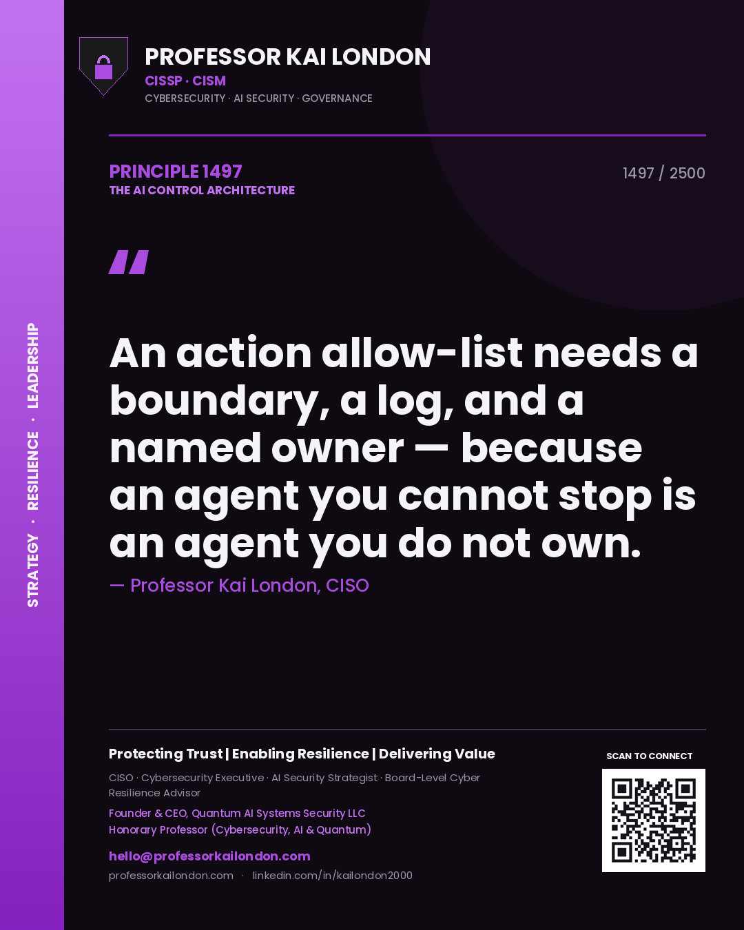 Professor Kai London principle 1497: An action allow-list needs a boundary, a log, and a named owner — because an agent you cannot stop is an agent you do not own.