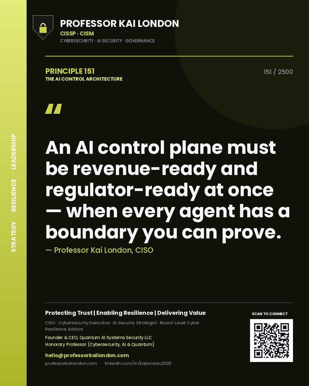 Quote card by Professor Kai London reading 'An AI control plane must be revenue-ready and regulator-ready at once — when every agent has a boundary you can prove.'. From the book The AI Control Architecture.