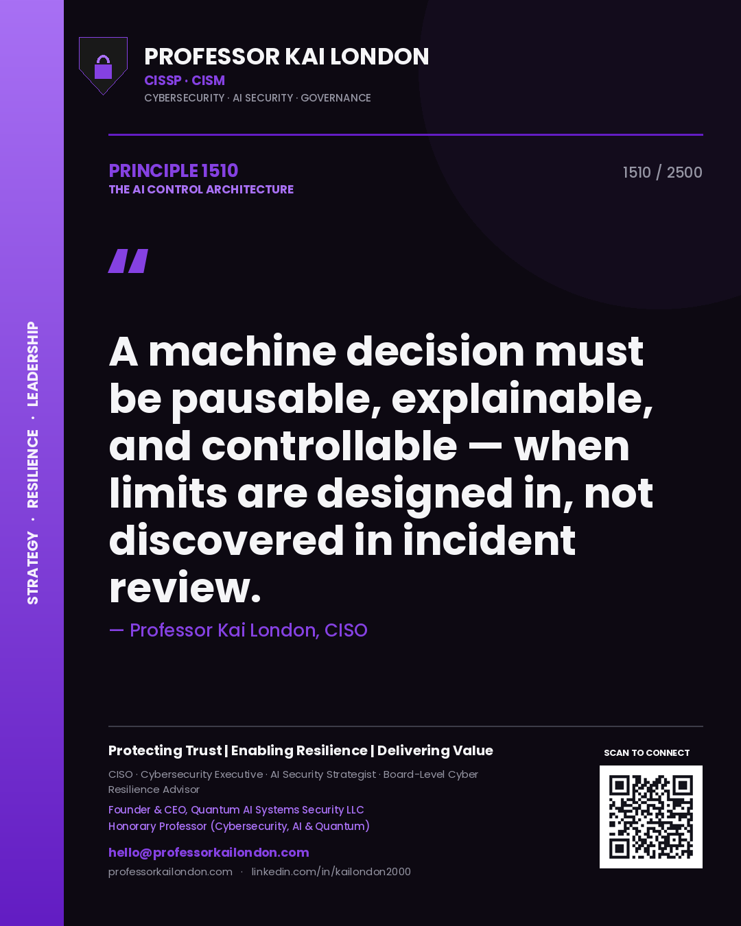 Quote card by Professor Kai London reading 'A machine decision must be pausable, explainable, and controllable — when limits are designed in, not discovered in incident review.'. From the book The AI Control Architecture.