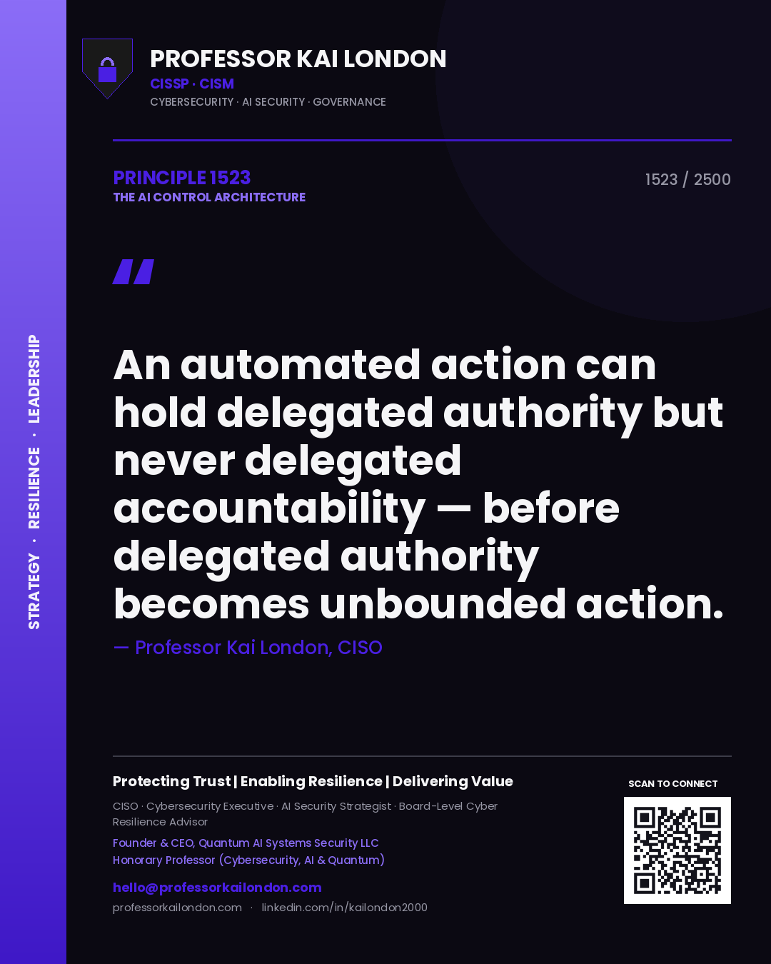 Quote card by Professor Kai London reading 'An automated action can hold delegated authority but never delegated accountability — before delegated authority becomes unbounded action.'. From the book The AI Control Architecture.