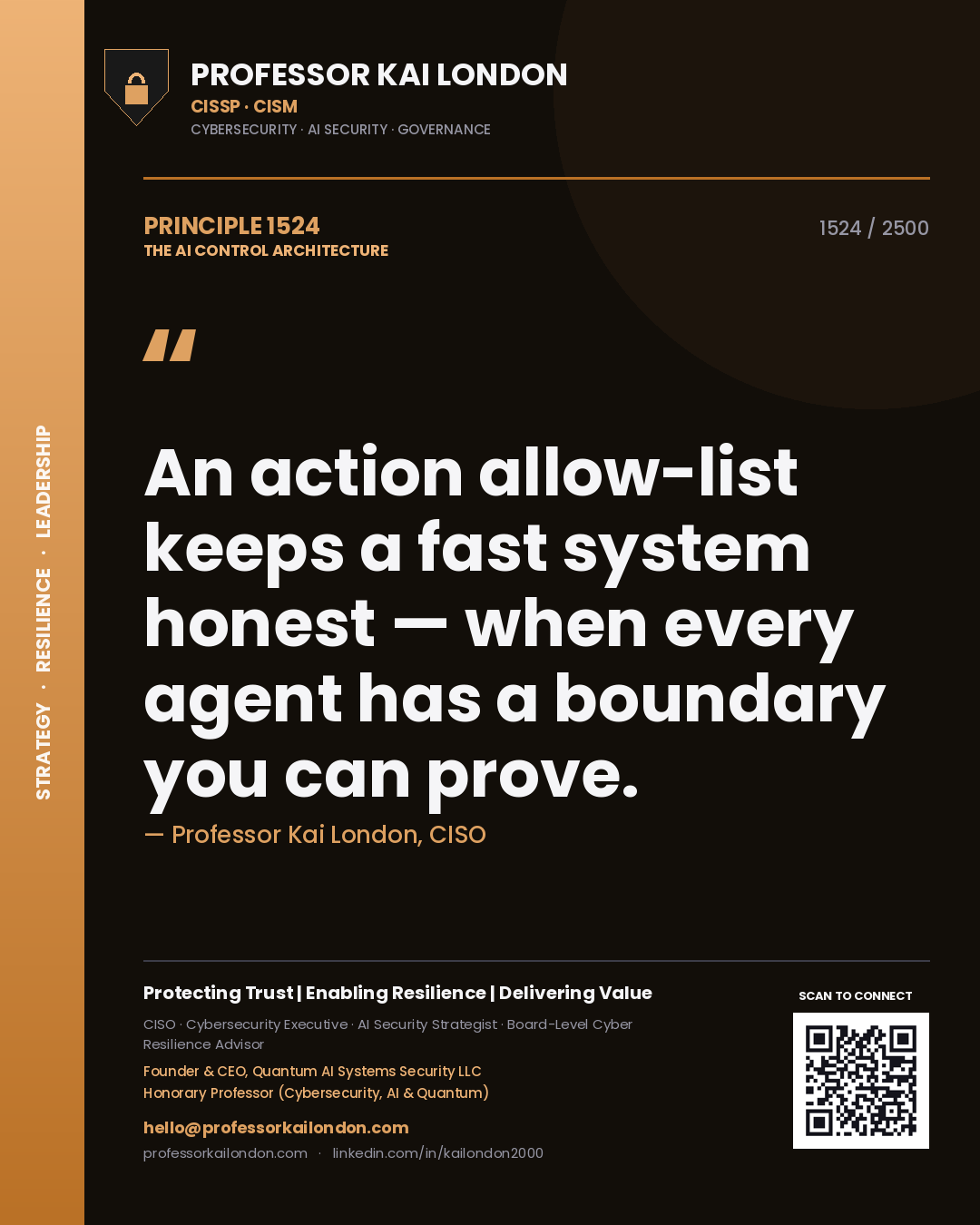 Quote card by Professor Kai London reading 'An action allow-list keeps a fast system honest — when every agent has a boundary you can prove.'. From the book The AI Control Architecture.