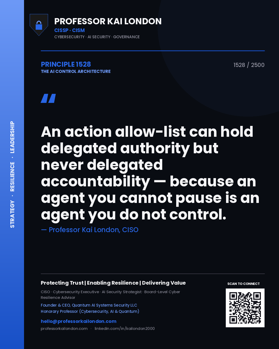 Quote card by Professor Kai London reading 'An action allow-list can hold delegated authority but never delegated accountability — because an agent you cannot pause is an agent you do not control.'. From the book The AI Control Architecture.