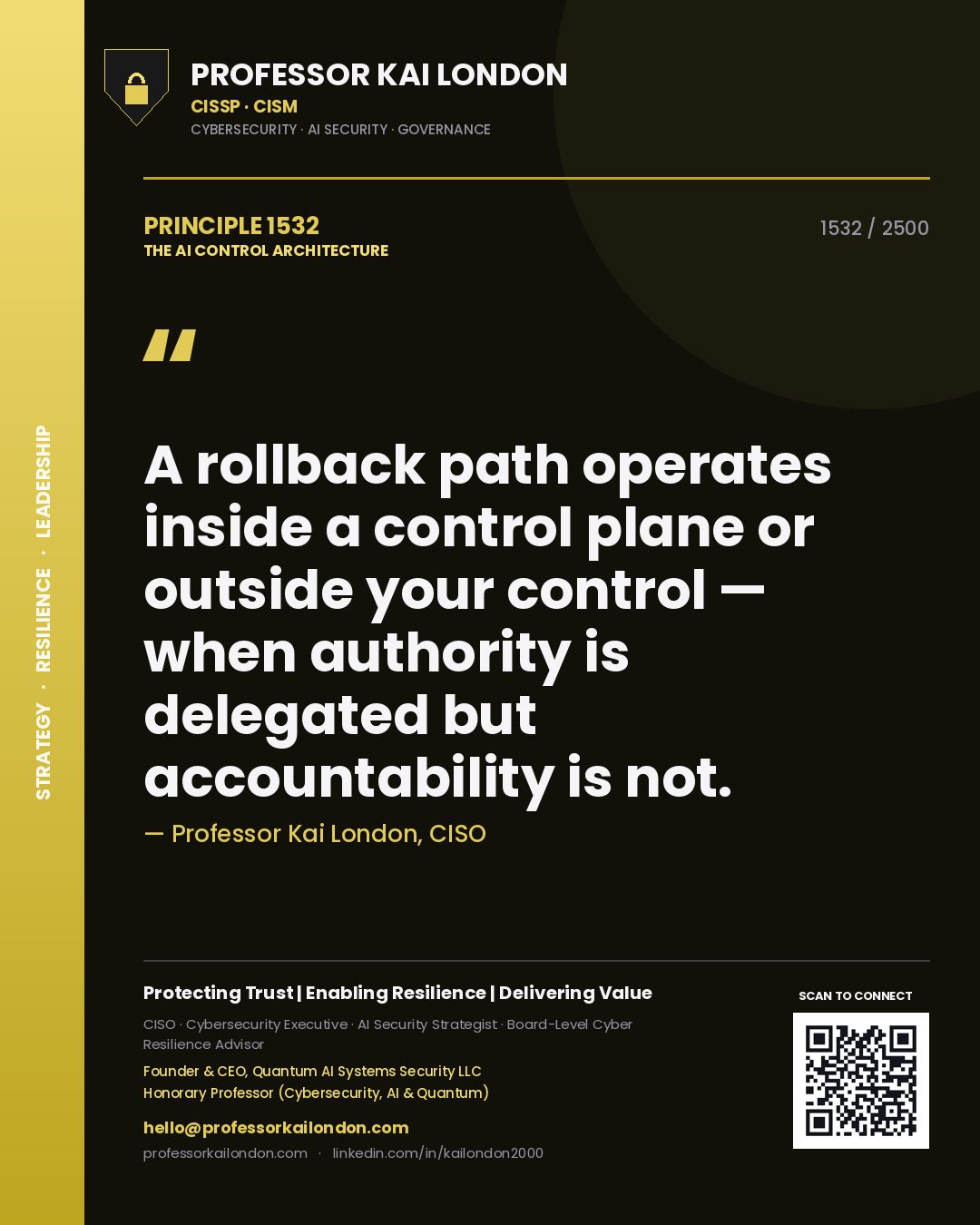 Quote card by Professor Kai London reading 'A rollback path operates inside a control plane or outside your control — when authority is delegated but accountability is not.'. From the book The AI Control Architecture.