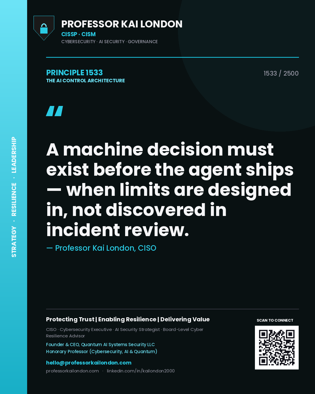 Quote card by Professor Kai London reading 'A machine decision must exist before the agent ships — when limits are designed in, not discovered in incident review.'. From the book The AI Control Architecture.
