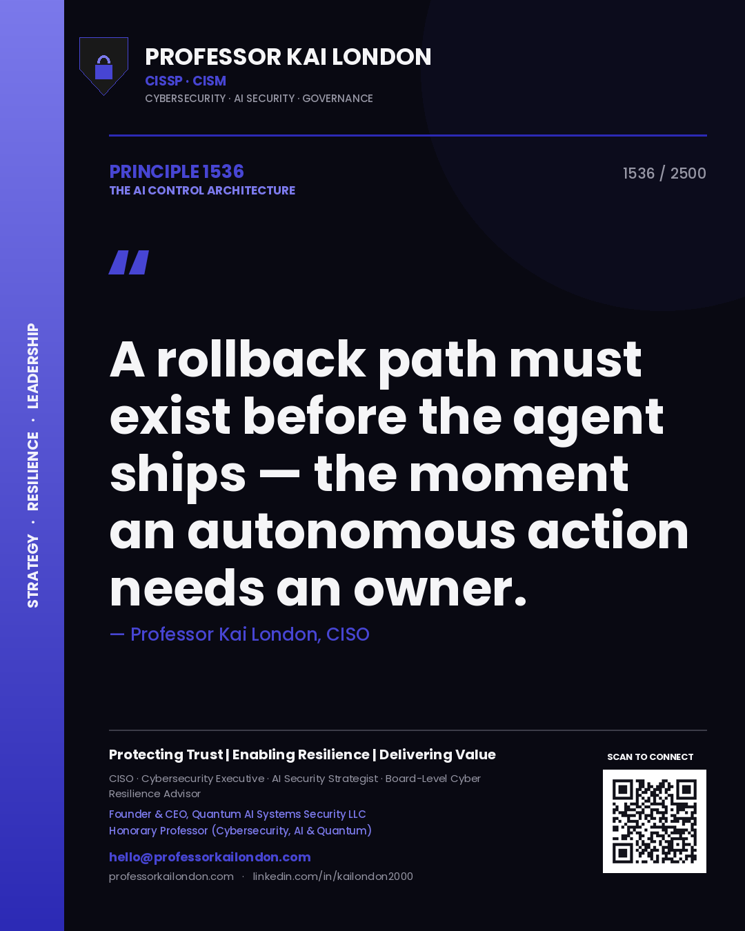 Quote card by Professor Kai London reading 'A rollback path must exist before the agent ships — the moment an autonomous action needs an owner.'. From the book The AI Control Architecture.