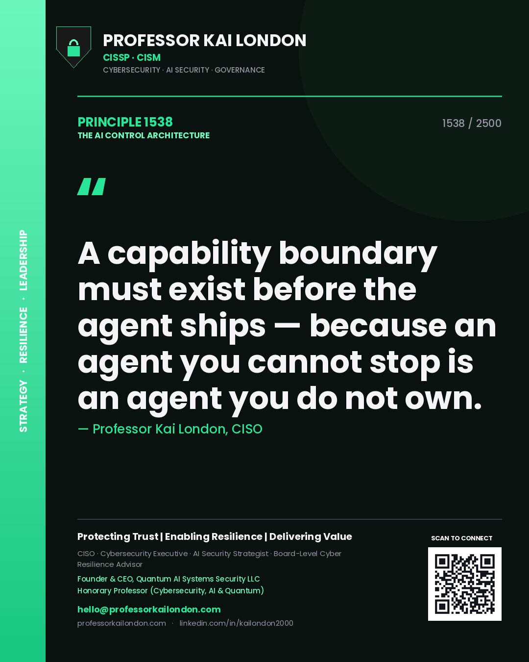 Quote card by Professor Kai London reading 'A capability boundary must exist before the agent ships — because an agent you cannot stop is an agent you do not own.'. From the book The AI Control Architecture.
