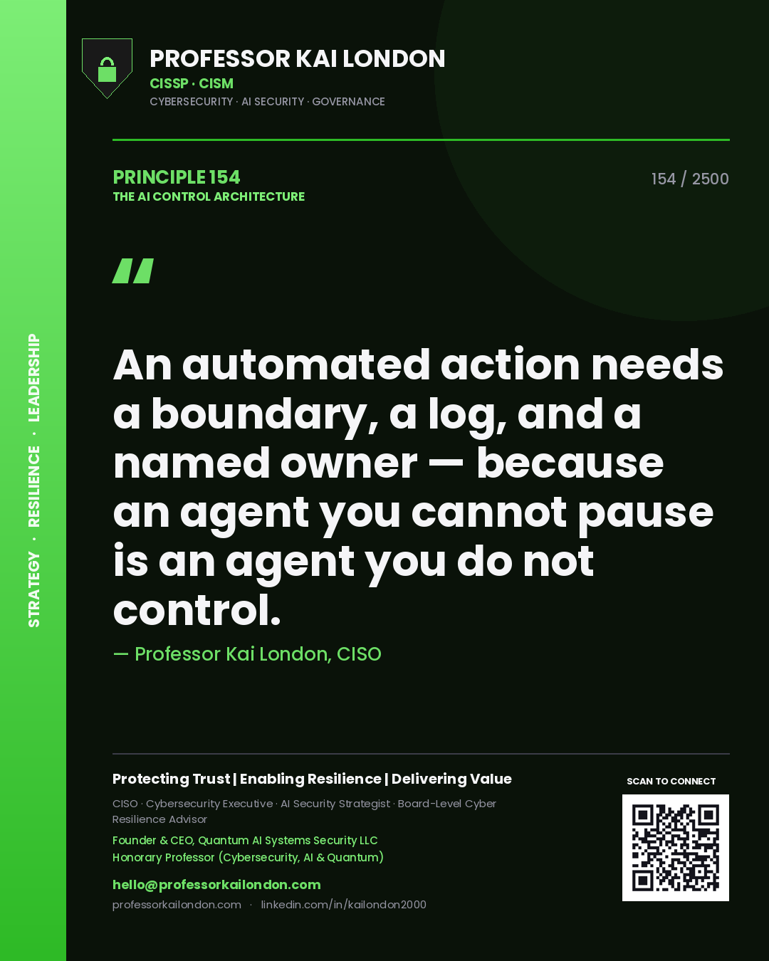 Quote card by Professor Kai London reading 'An automated action needs a boundary, a log, and a named owner — because an agent you cannot pause is an agent you do not control.'. From the book The AI Control Architecture.