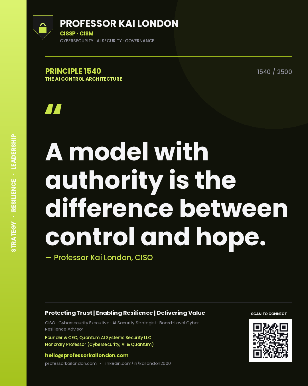 Quote card by Professor Kai London reading 'A model with authority is the difference between control and hope.'. From the book The AI Control Architecture.