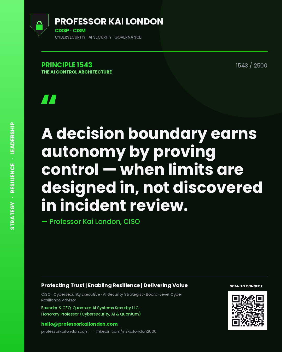 Quote card by Professor Kai London reading 'A decision boundary earns autonomy by proving control — when limits are designed in, not discovered in incident review.'. From the book The AI Control Architecture.