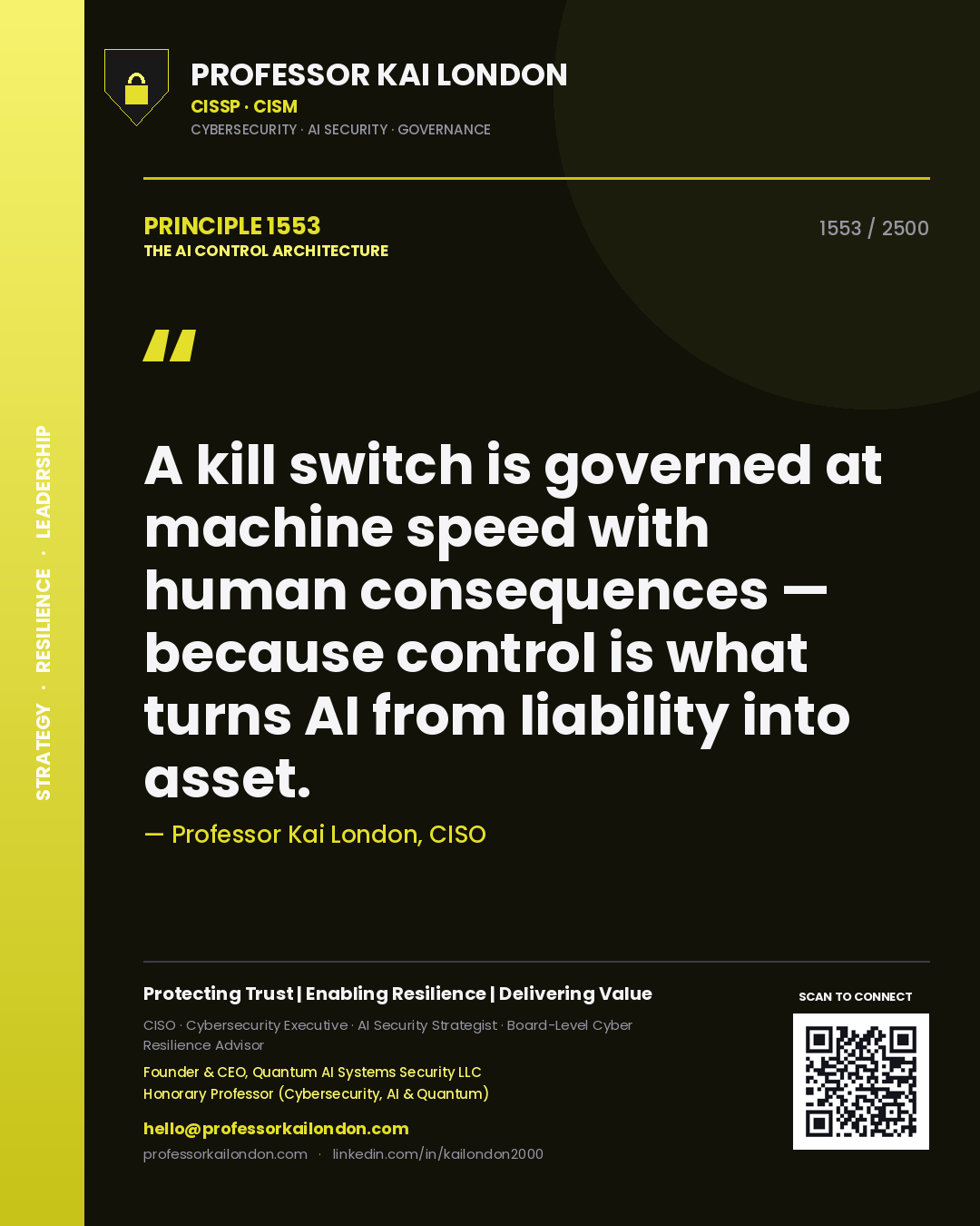Quote card by Professor Kai London reading 'A kill switch is governed at machine speed with human consequences — because control is what turns AI from liability into asset.'. From the book The AI Control Architecture.
