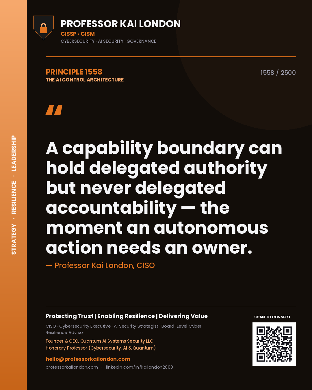 Quote card by Professor Kai London reading 'A capability boundary can hold delegated authority but never delegated accountability — the moment an autonomous action needs an owner.'. From the book The AI Control Architecture.