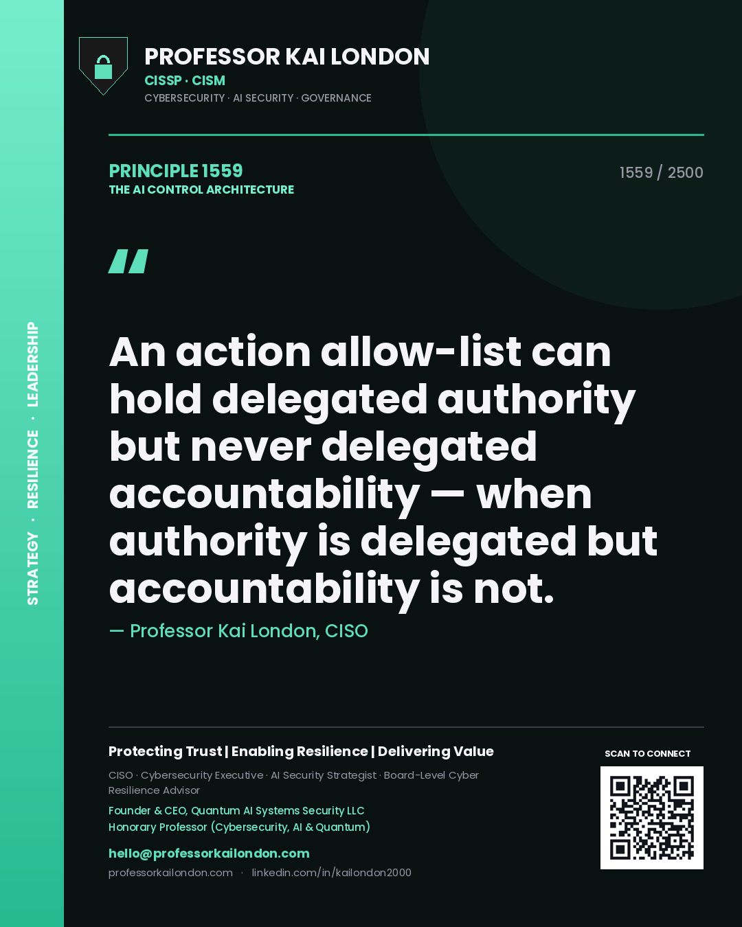 Quote card by Professor Kai London reading 'An action allow-list can hold delegated authority but never delegated accountability — when authority is delegated but accountability is not.'. From the book The AI Control Architecture.