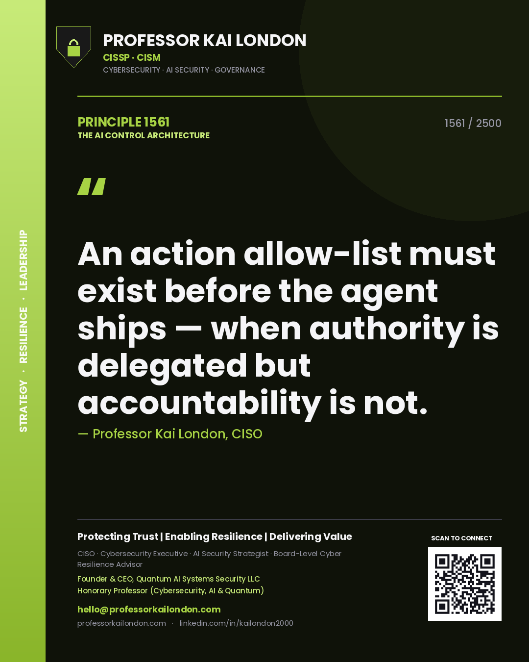 Quote card by Professor Kai London reading 'An action allow-list must exist before the agent ships — when authority is delegated but accountability is not.'. From the book The AI Control Architecture.