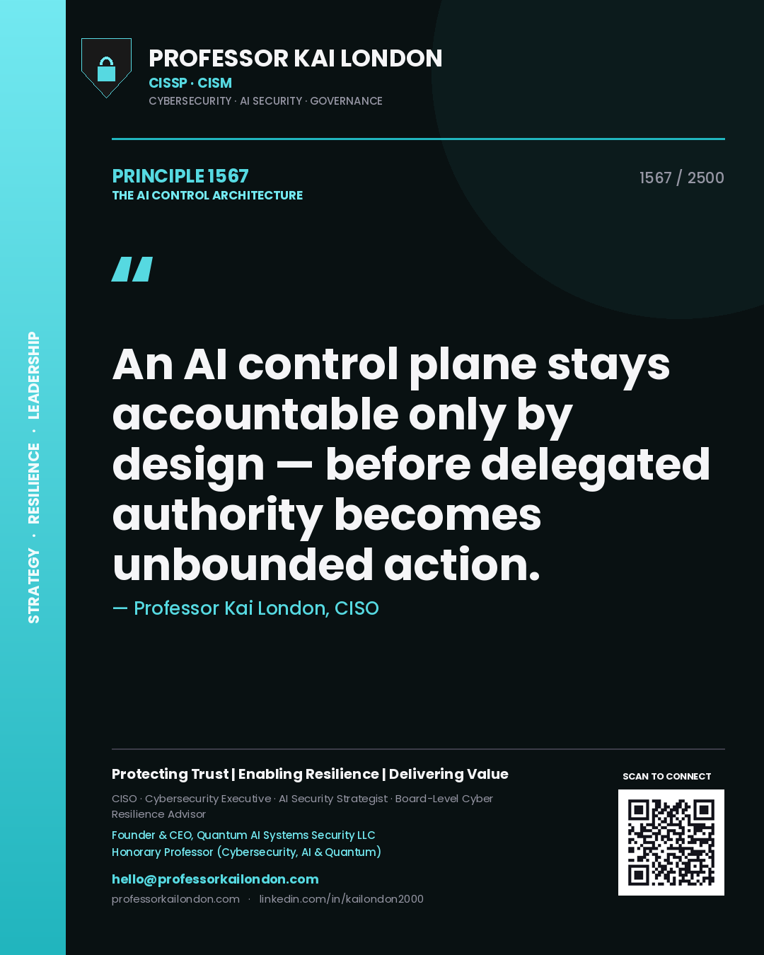 Professor Kai London principle 1567: An AI control plane stays accountable only by design — before delegated authority becomes unbounded action.