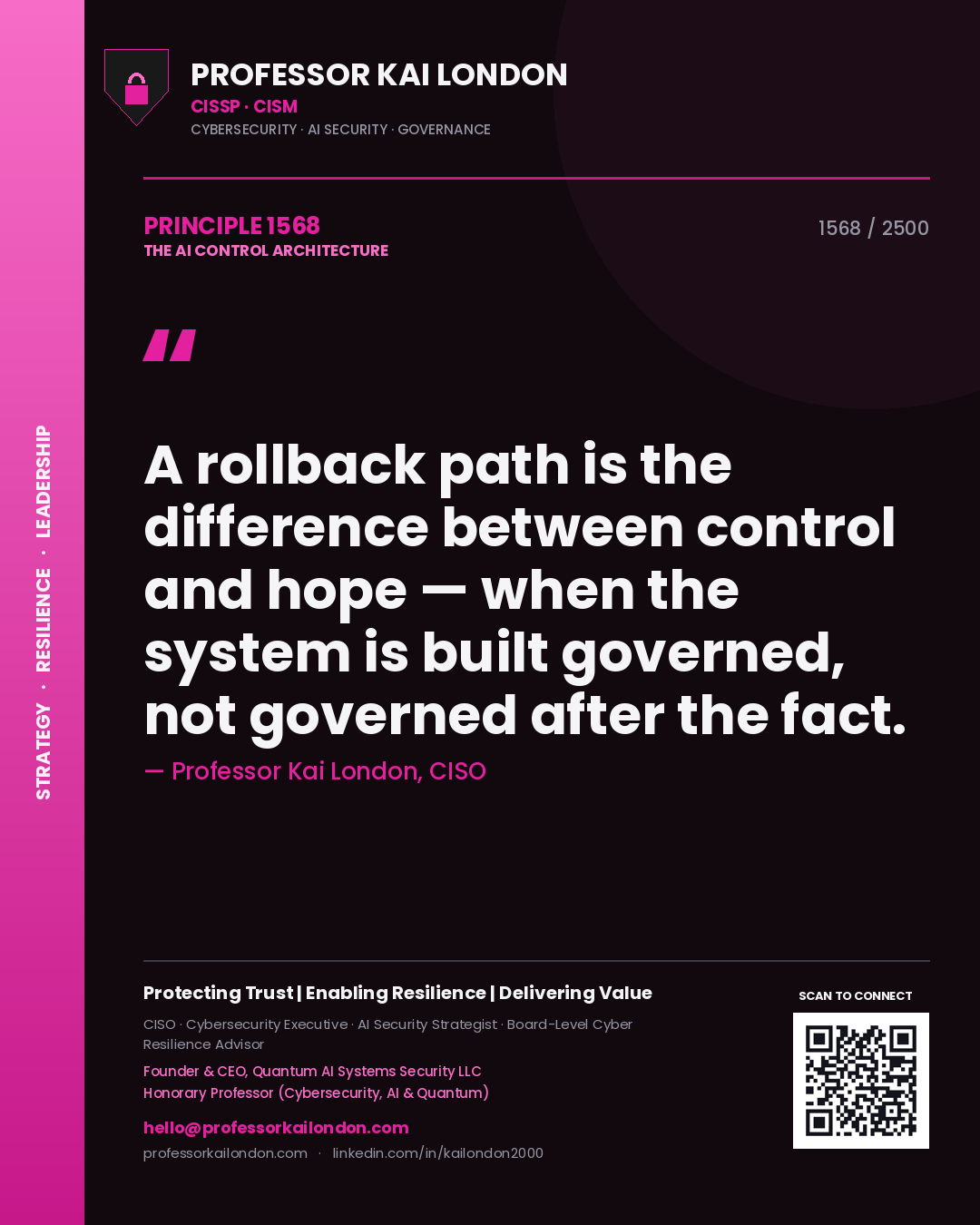 Quote card by Professor Kai London reading 'A rollback path is the difference between control and hope — when the system is built governed, not governed after the fact.'. From the book The AI Control Architecture.